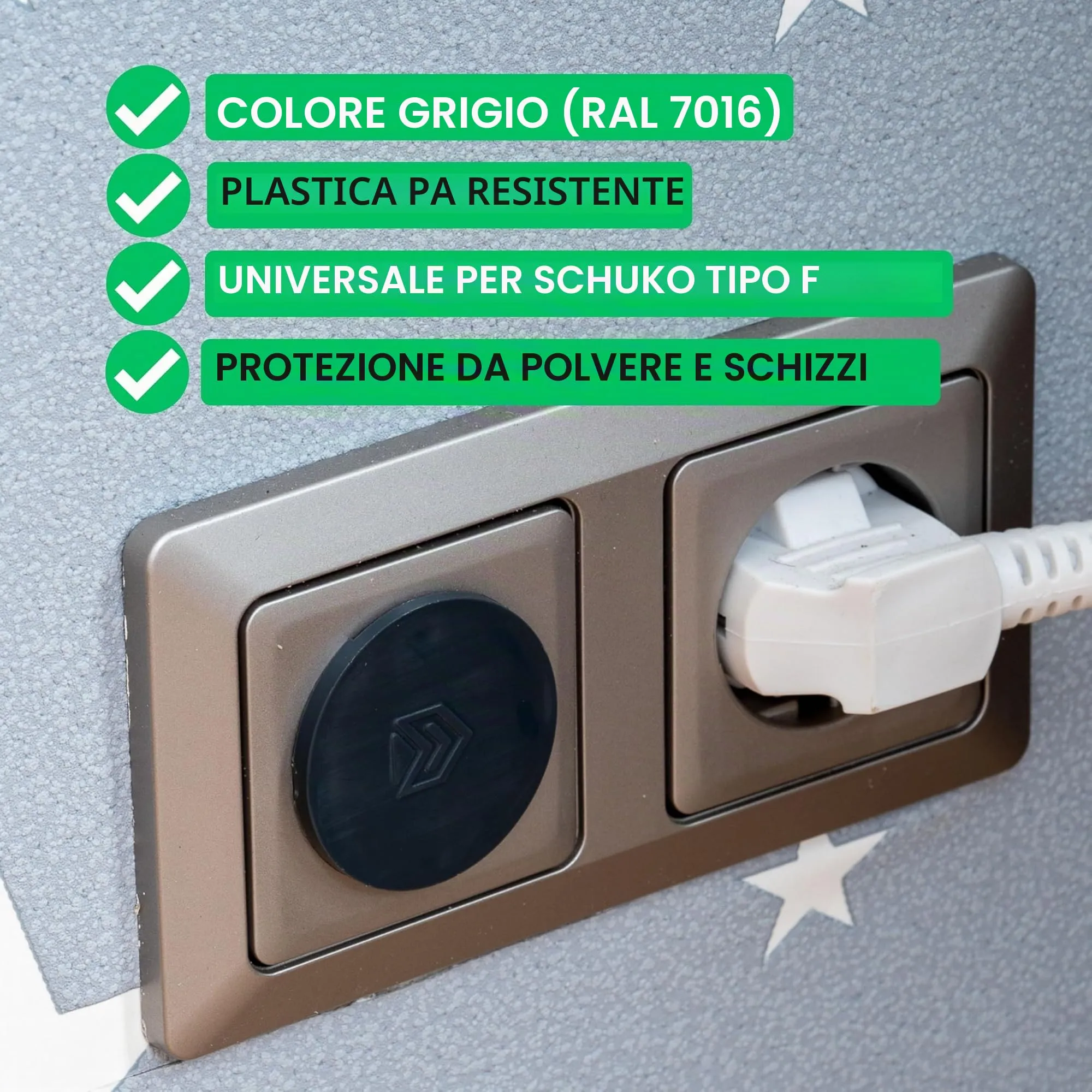 Coperchio della presa, 8 pezzi, grigio, protezione della presa contro la polvere e gli spruzzi d'acqua, per prese SchuKo tipo F, tappo di copertura per striscia di prese, prese multiple, avvolgicavo - immagine 2