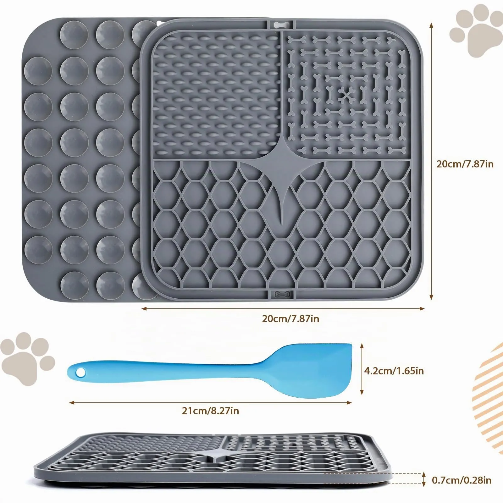 Romon Tappetino Leccare Cane, 20x20cm Cane Pad Leccare con Spatola Silicone, Senza BPA Tappetini Leccare Cani con Ventosa, Licking Mat per Bagno Toelettatura Addestramento Curarlo (Grigio) - immagine 3