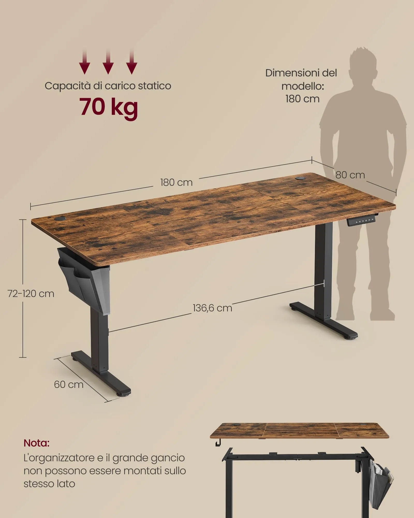 SONGMICS Scrivania Regolabile in Altezza Elettrica, 180 x 80 cm, Scrivania Elettrica, Tavolo con Memoria per 4 Altezze, Porta USB-C, Marrone Vintage LSD138K01 - immagine 3