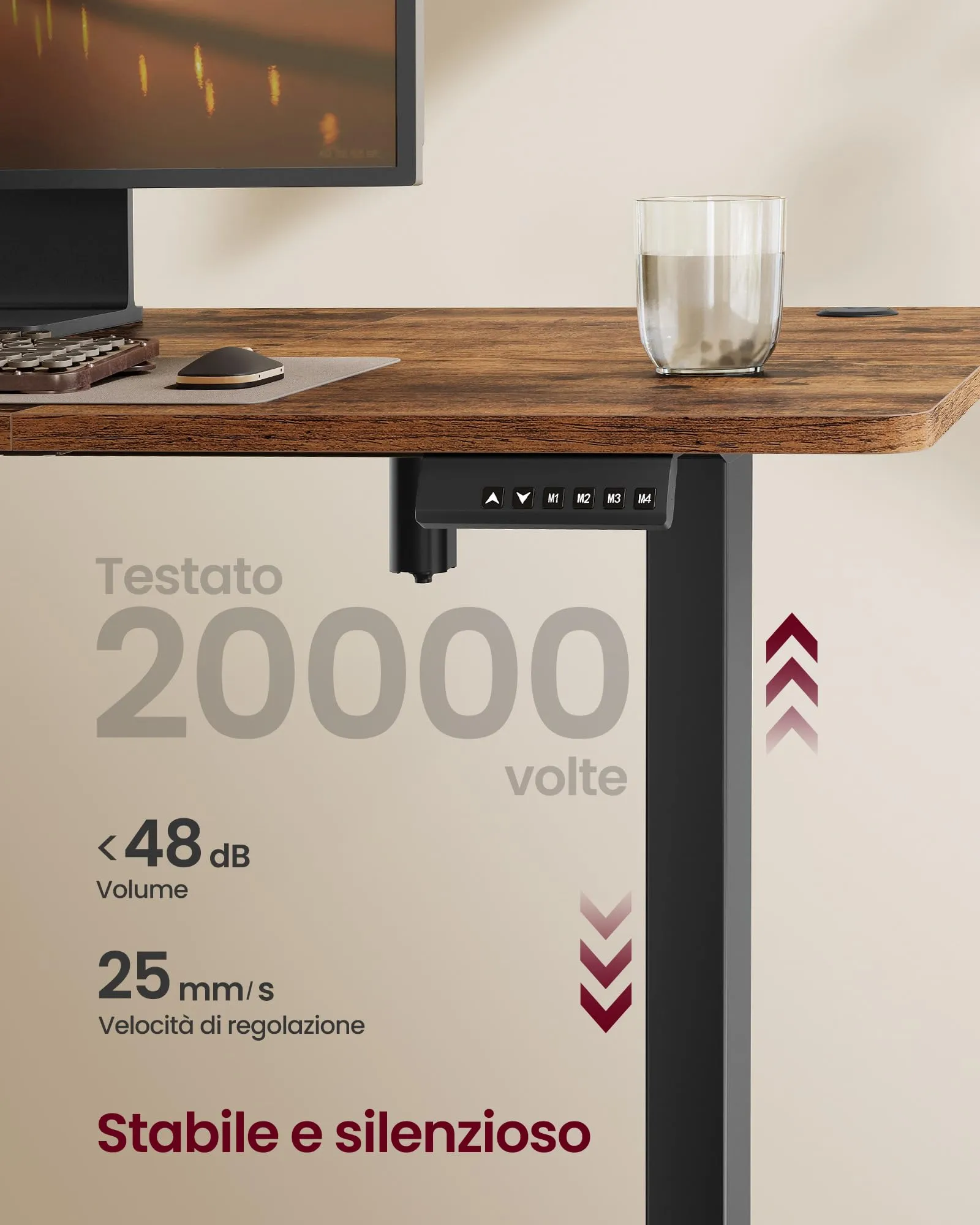SONGMICS Scrivania Regolabile in Altezza Elettrica, 180 x 80 cm, Scrivania Elettrica, Tavolo con Memoria per 4 Altezze, Porta USB-C, Marrone Vintage LSD138K01 - immagine 4