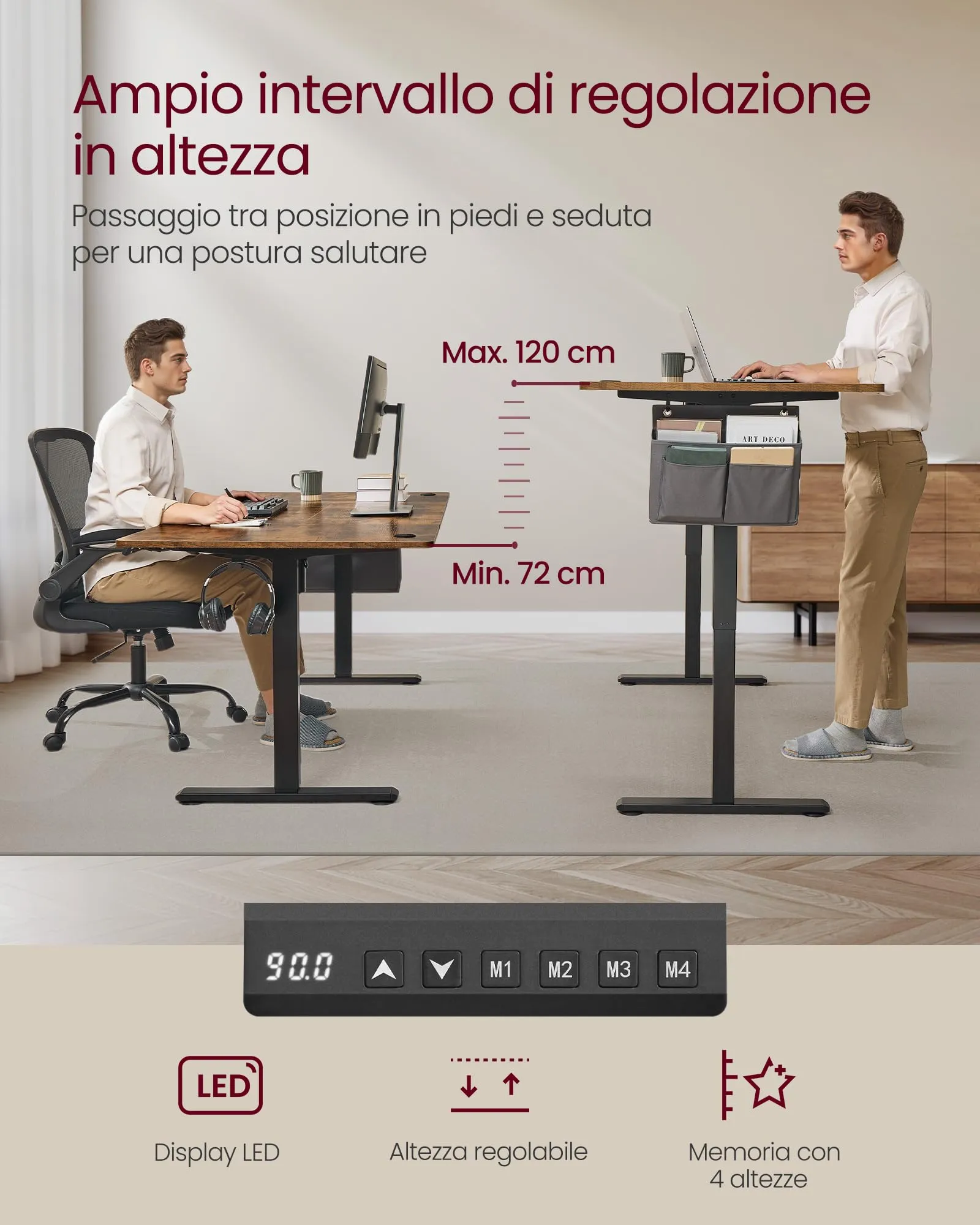 SONGMICS Scrivania Regolabile in Altezza Elettrica, 180 x 80 cm, Scrivania Elettrica, Tavolo con Memoria per 4 Altezze, Porta USB-C, Marrone Vintage LSD138K01 - immagine 5