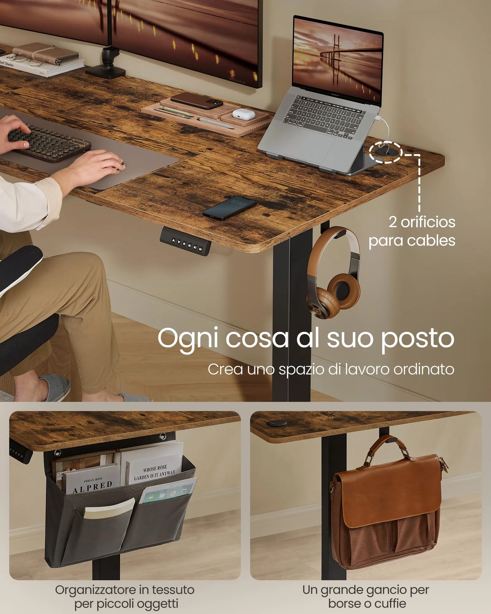 SONGMICS Scrivania Regolabile in Altezza Elettrica, 180 x 80 cm, Scrivania Elettrica, Tavolo con Memoria per 4 Altezze, Porta USB-C, Marrone Vintage LSD138K01 - immagine 6