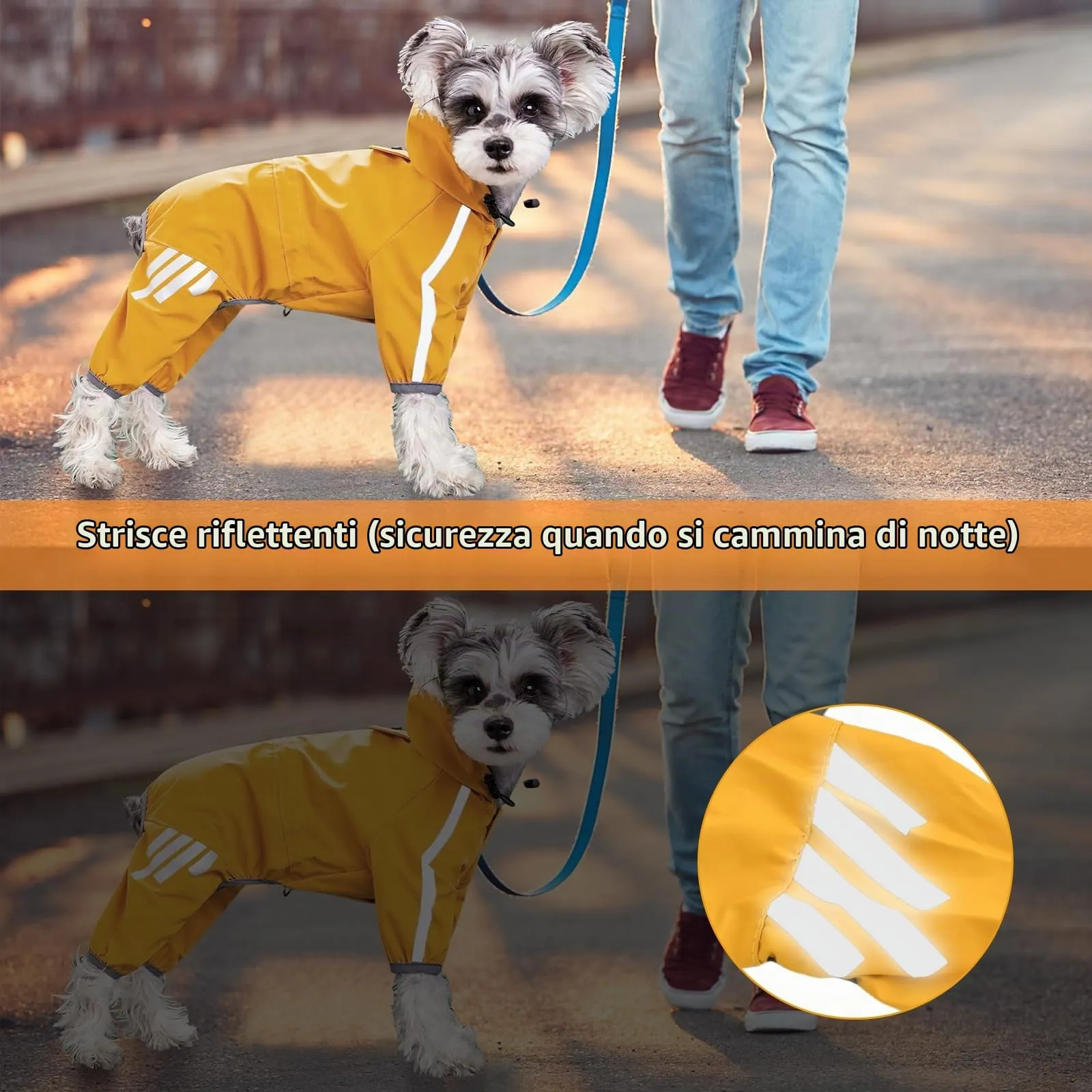Amexo Impermeabile per cani Cappotto impermeabile con foro per il collo regolabile a 4 zampe per animali domestici, poncho con cappuccio, striscia riflettente per cani di piccola taglia (L) - immagine 4