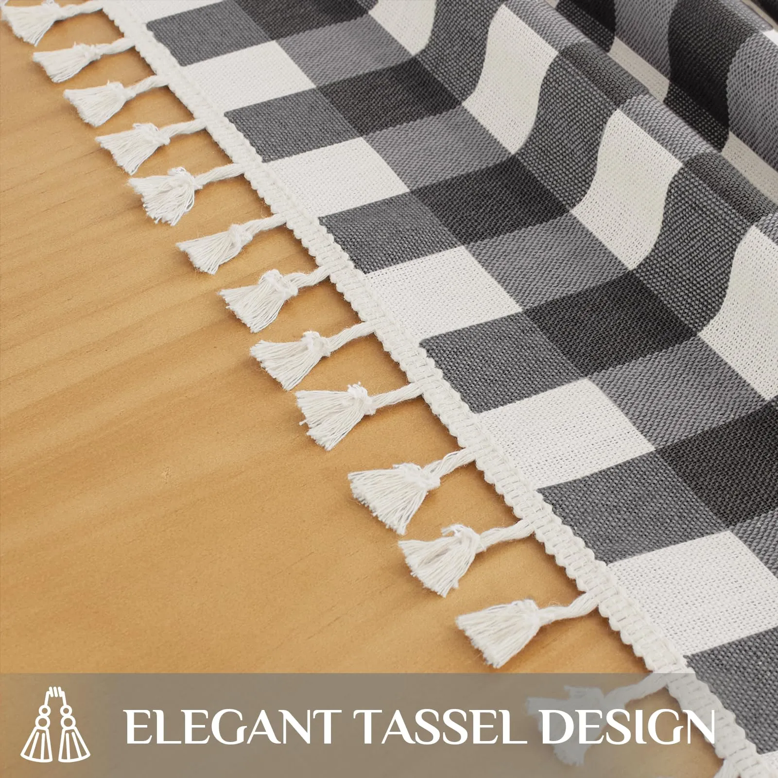Softalker Tovaglia rettangolare in lino e cotone spesso, con motivo a quadri e nappine, antipiega per pasti, feste, casa, da 140 x 305 cm, di colore nero - immagine 4