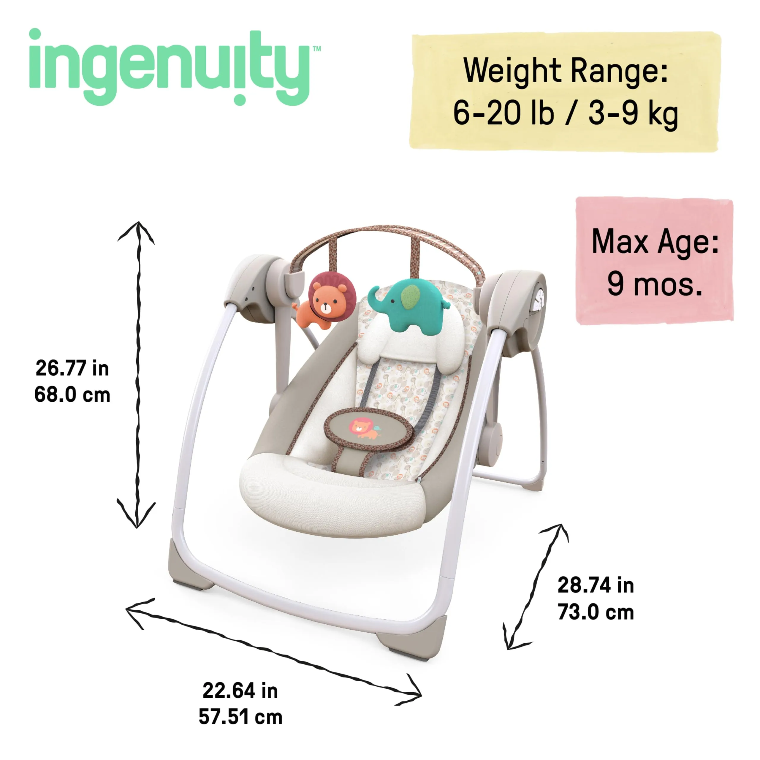 Ingenuity, Soothe 'n Delight Altalena portatile compatta a 6 velocità con musica e barra portagiochi, pieghevole per un facile viaggio, Cozy Kingdom, da 0 a 9 mesi di età - immagine 9