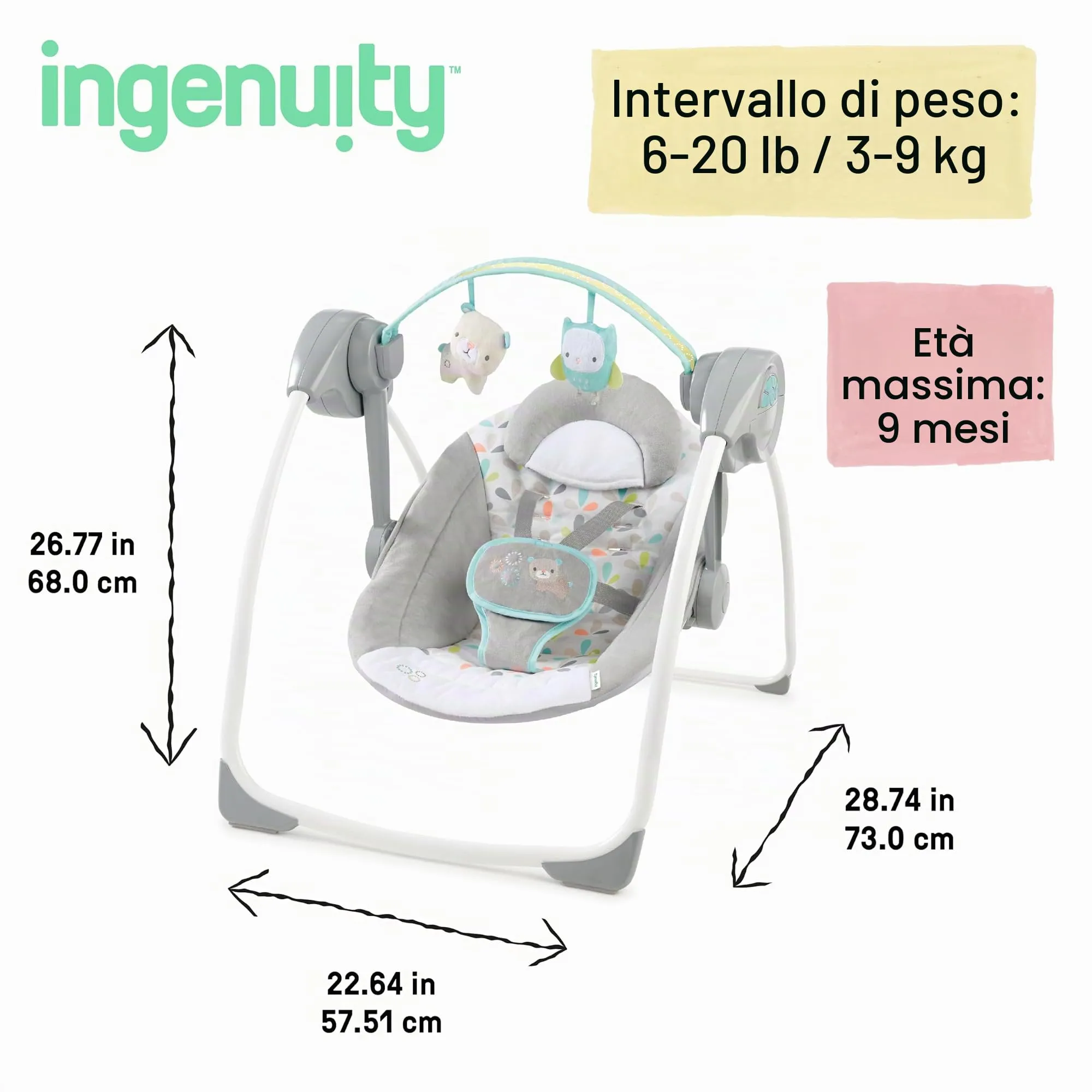Ingenuity Comfort 2 Go Altalena per bambini compatta portatile a 6 velocità con musica, pieghevole, 0-9 mesi (Fanciful Forest) - immagine 5