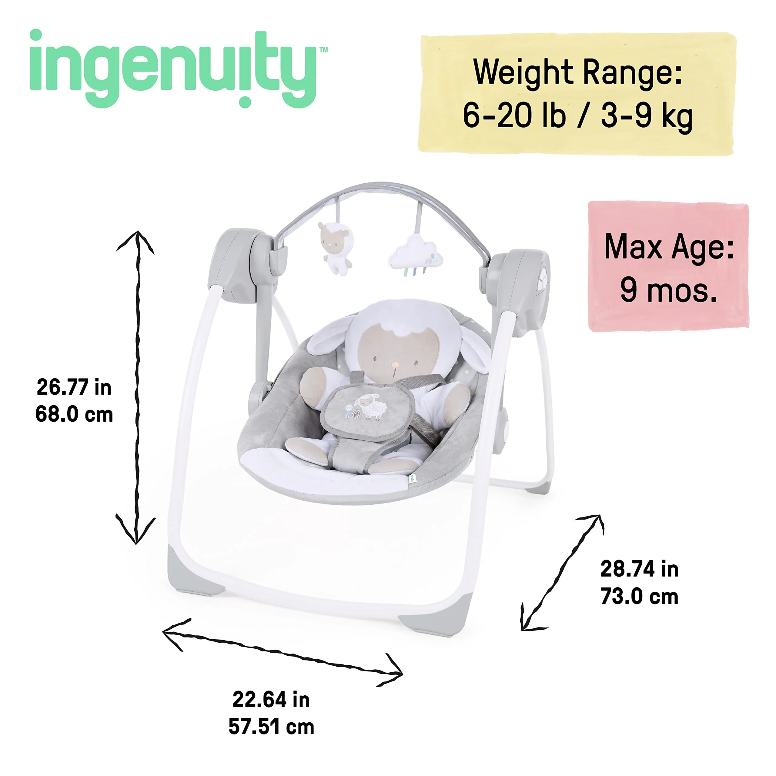 Ingenuity Comfort 2 Go Altalena compatta portatile a 6 velocità con musica, pieghevole, 0-9 mesi (Cuddle Lamb) - immagine 5