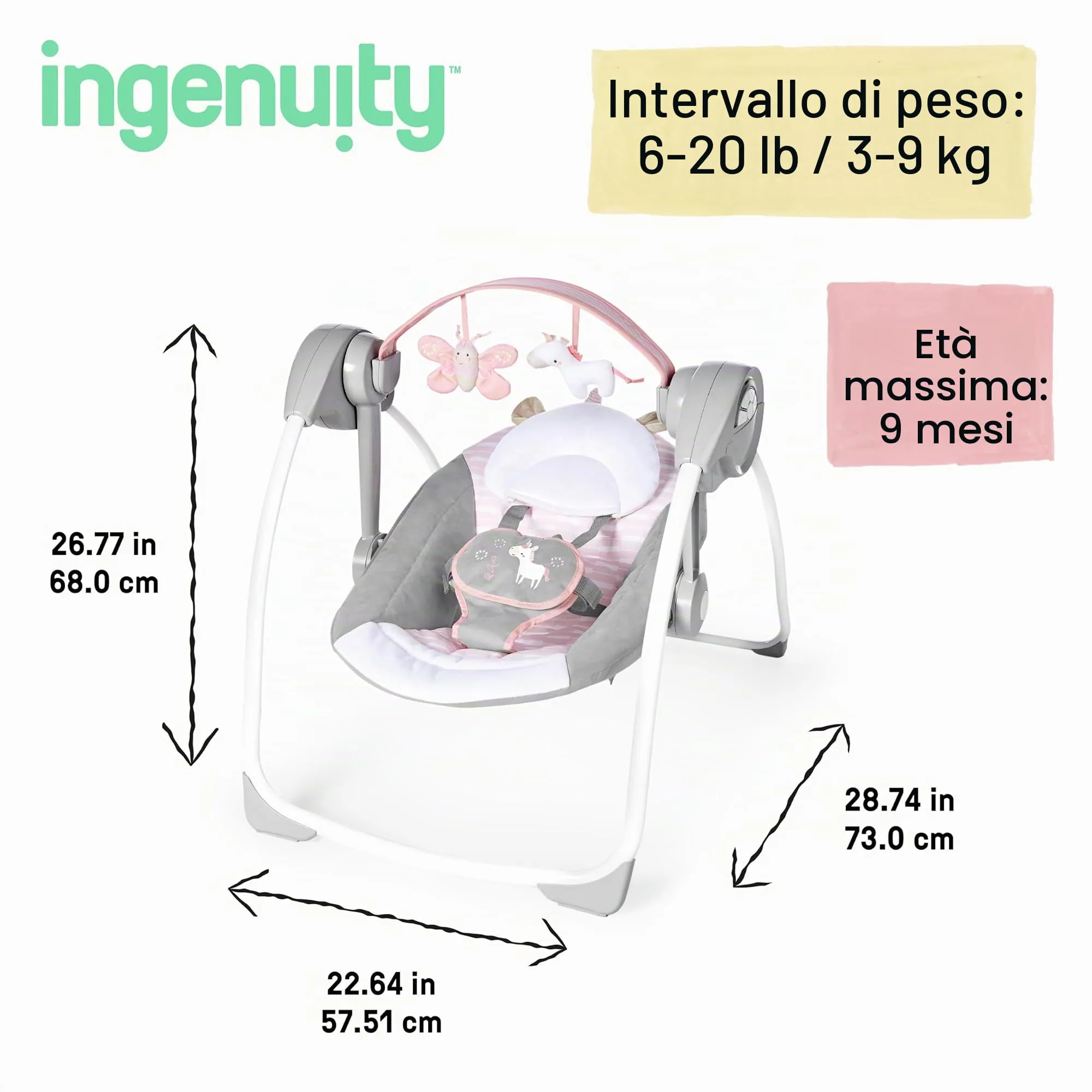 Ingenuity, Altalena e Dondolo Pieghevole e Compatta, Flora l'Unicorno - 6 Velocità di Oscillazione, Temporizzatore, 12 Melodie Rilassanti, Arco di Gioco Rimovibile, Rosa, per Neonato Fino a 9kg - immagine 6