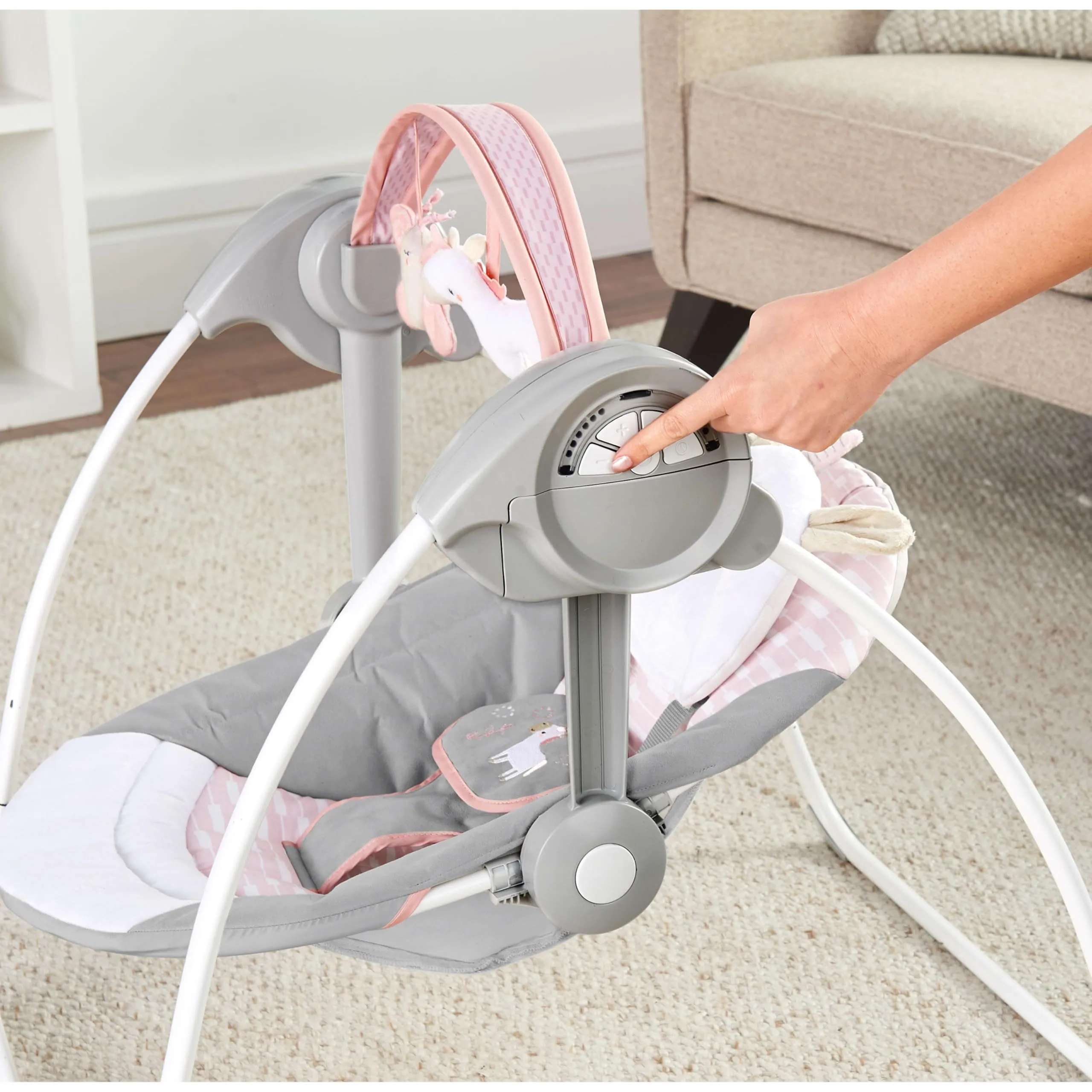 Ingenuity, Altalena e Dondolo Pieghevole e Compatta, Flora l'Unicorno - 6 Velocità di Oscillazione, Temporizzatore, 12 Melodie Rilassanti, Arco di Gioco Rimovibile, Rosa, per Neonato Fino a 9kg - immagine 8
