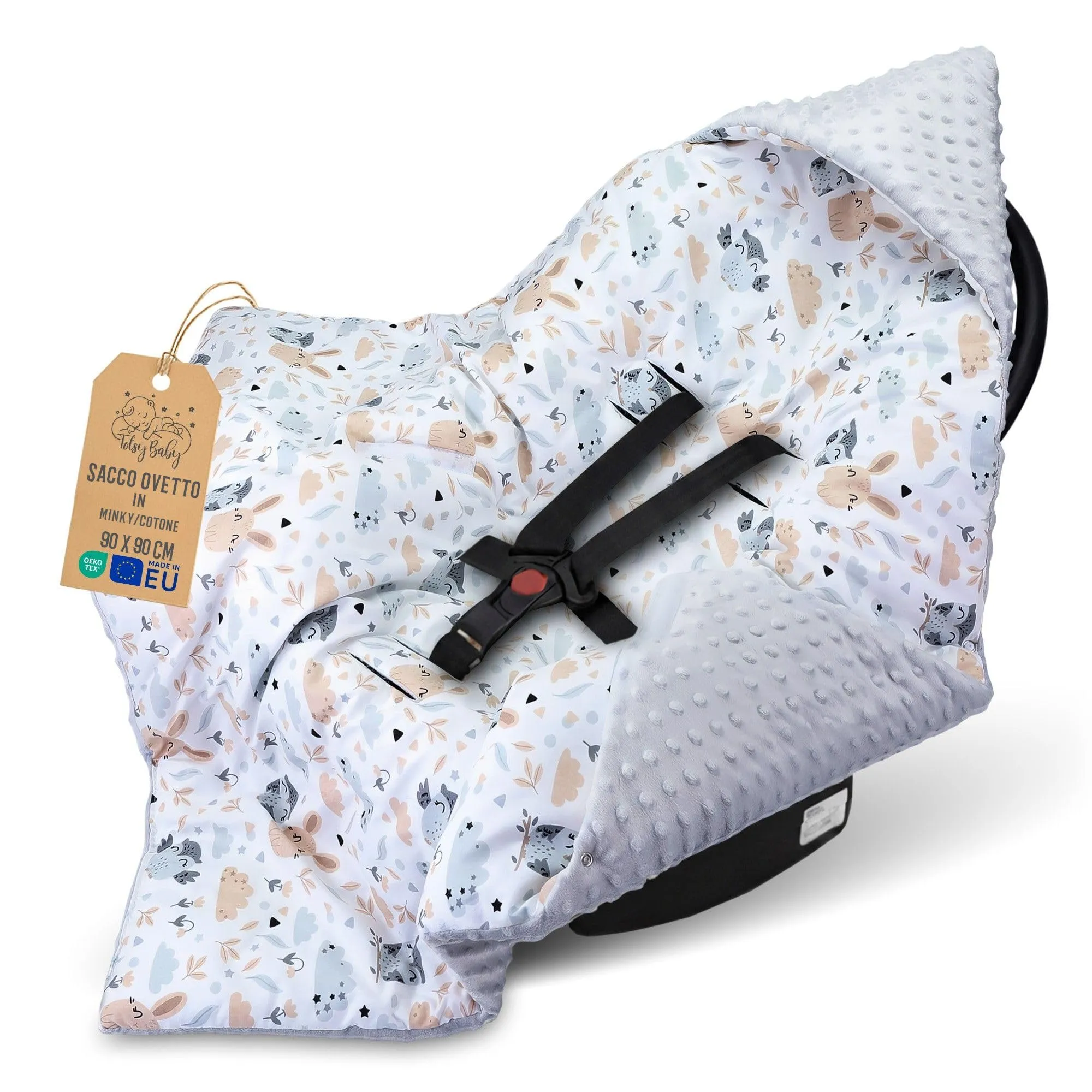 Coperta per passeggino 90 cm x 90 cm - per ovetto universale, per seggiolino auto in cotone coperta per tutte le stagioni Gufi grigio chiaro - immagine 1