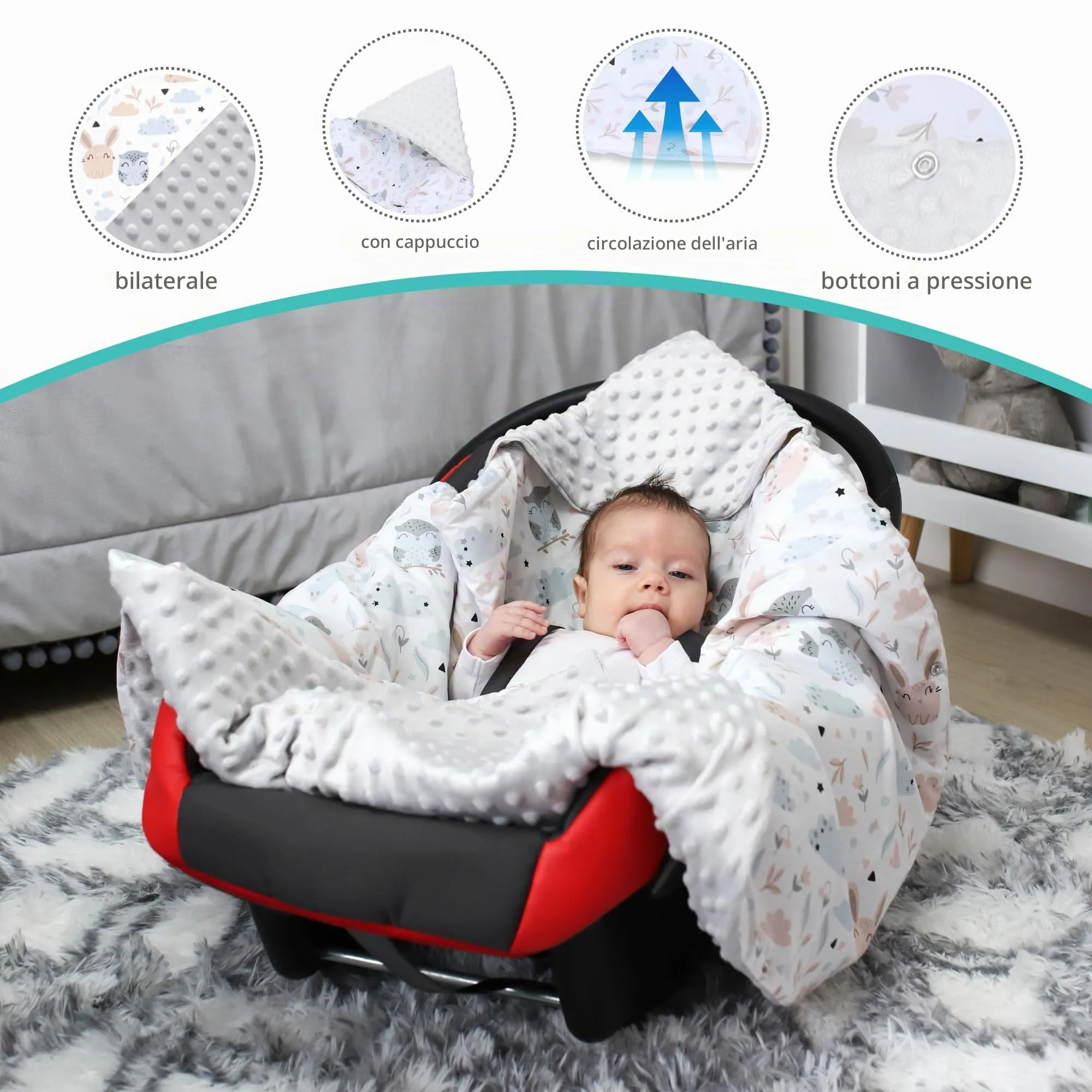 Copertina Minky passeggino neonato primavera-autunno 90×90 cm - immagine 5