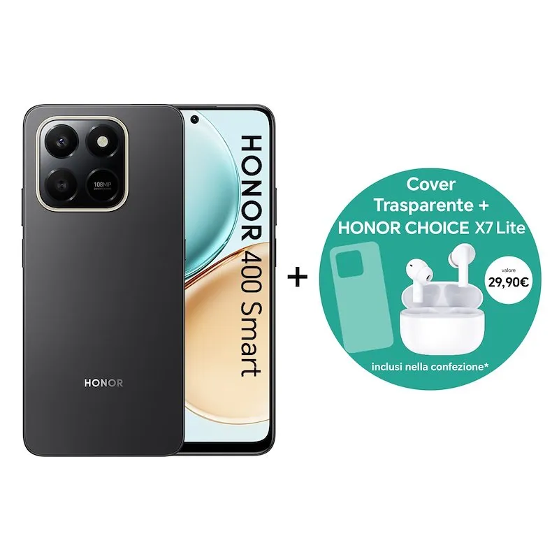 Honor Smartphone 400 Smart 8/ 256GB Black + auricolari Honor choice X7 lite + Case cover trasparente - immagine 1