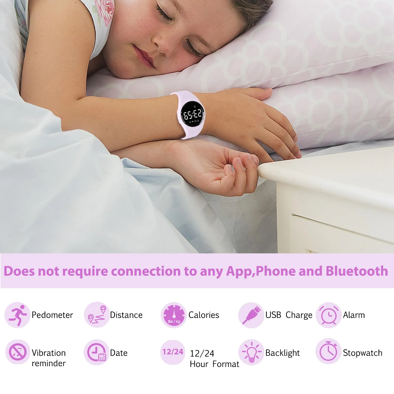 aswan watch Orologio Digitale Bambina Bambino con Contapassi,Calorie e Distanza senza App,Sveglia, Cronometro, Data, Luce-Orologio da polso Ragazza Ragazzo con Cinturino in Silicone - immagine 2