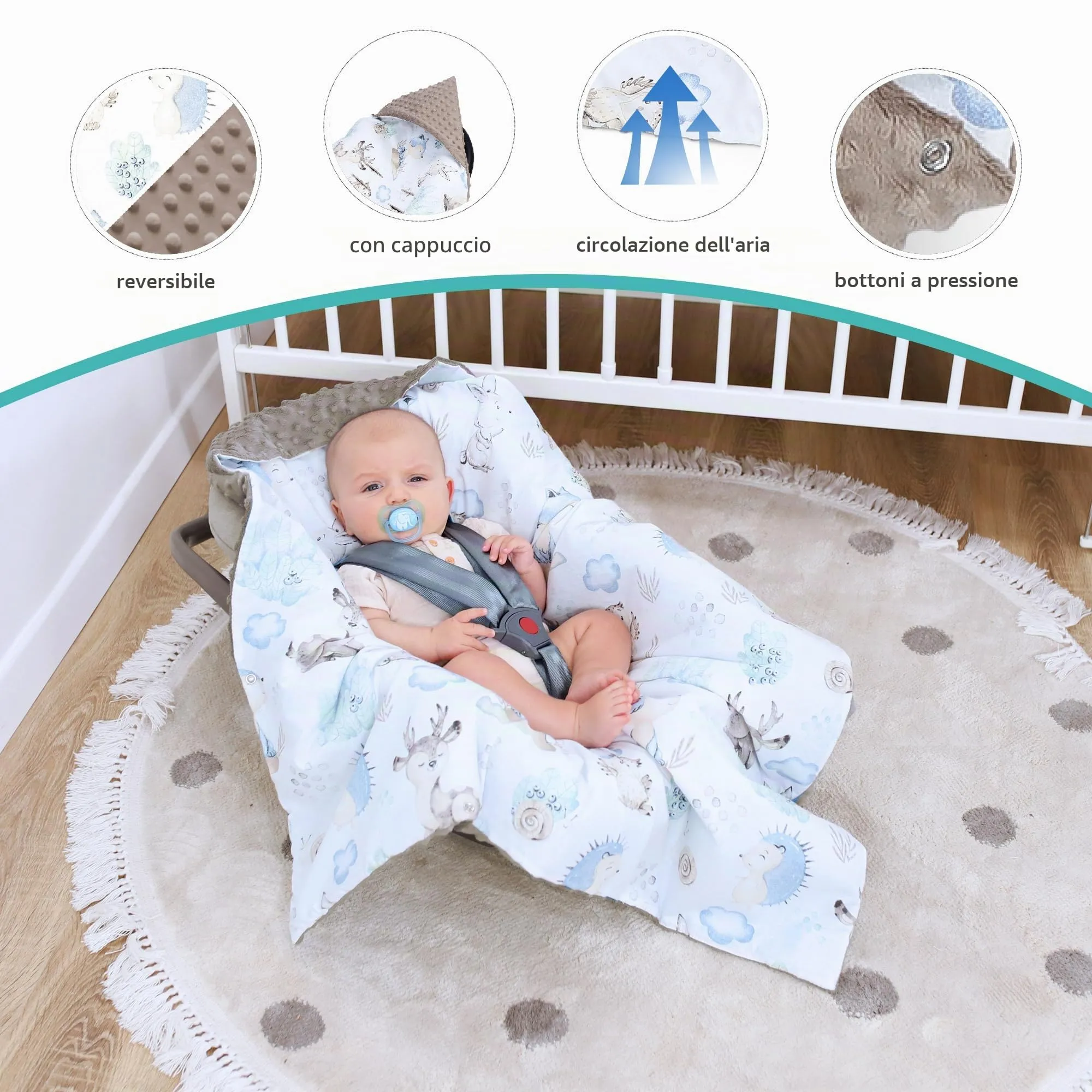 Coperta per passeggino 90 cm x 90 cm - per ovetto universale, per seggiolino auto in cotone coperta per tutte le stagioni Riccio kaki - immagine 5