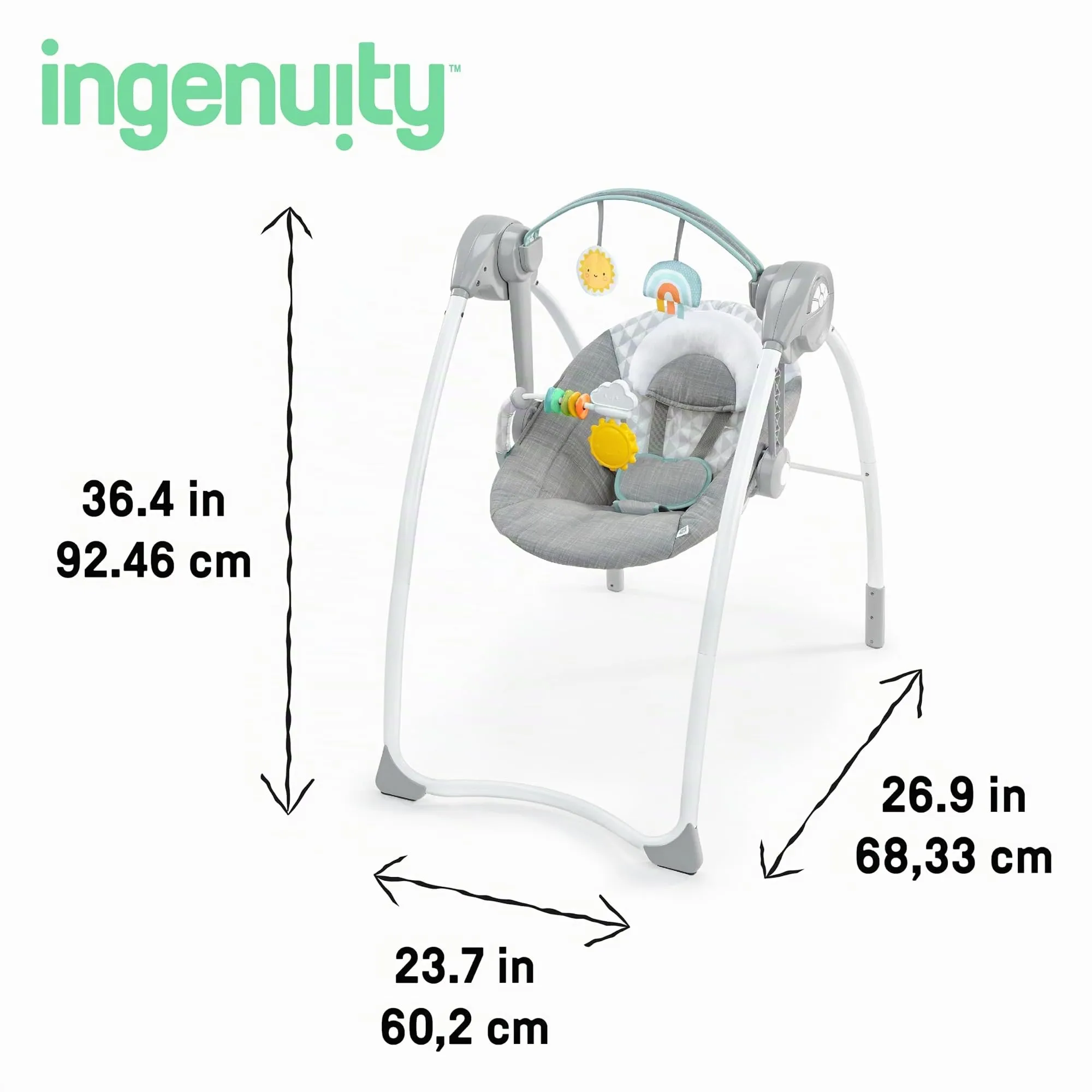 Ingenuity, Altalena Milestone, barra dei giocattoli, altalena pieghevole, 6 velocità, musica, 0-9 mesi, fino a 9 kg - Grigio - immagine 2