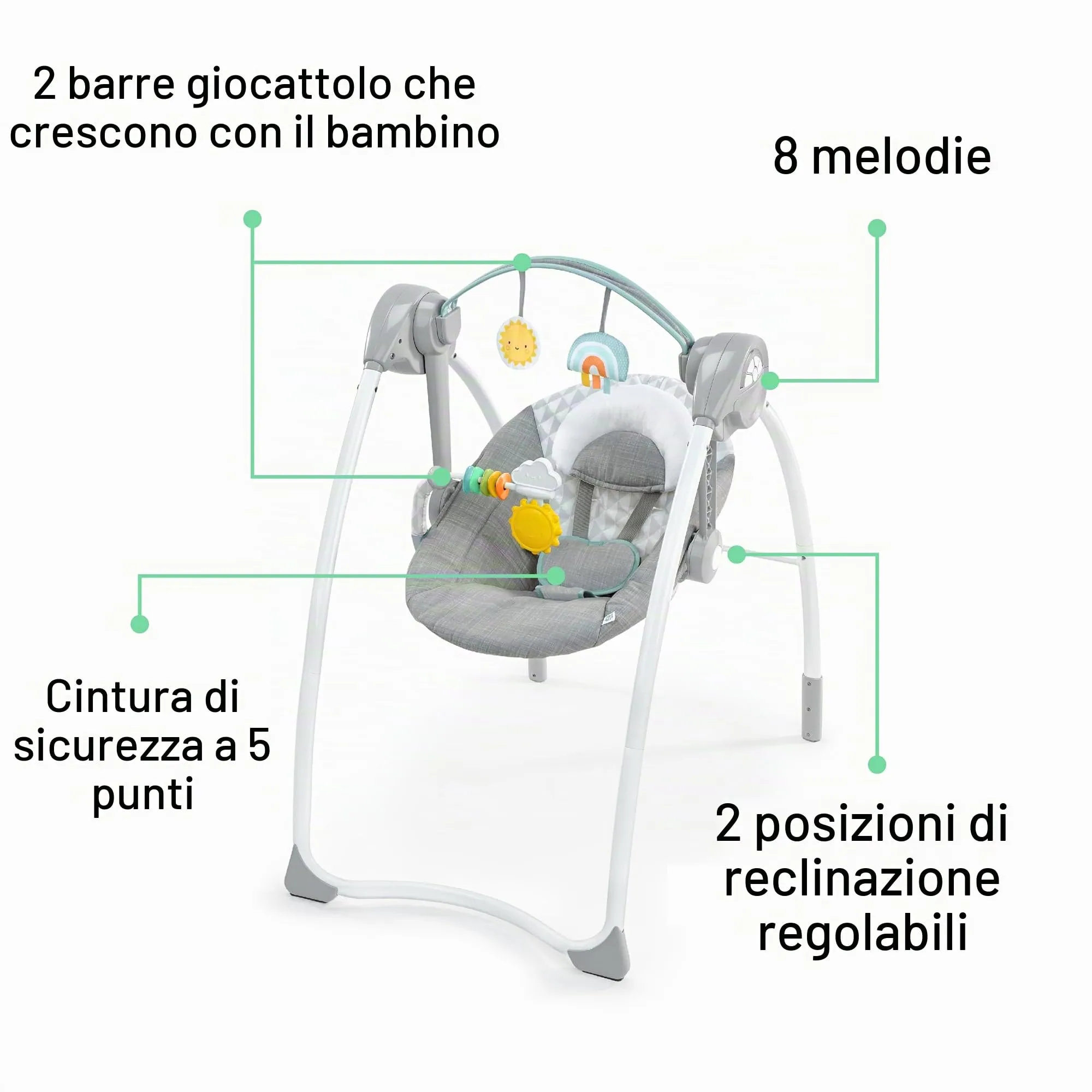 Ingenuity, Altalena Milestone, barra dei giocattoli, altalena pieghevole, 6 velocità, musica, 0-9 mesi, fino a 9 kg - Grigio - immagine 6