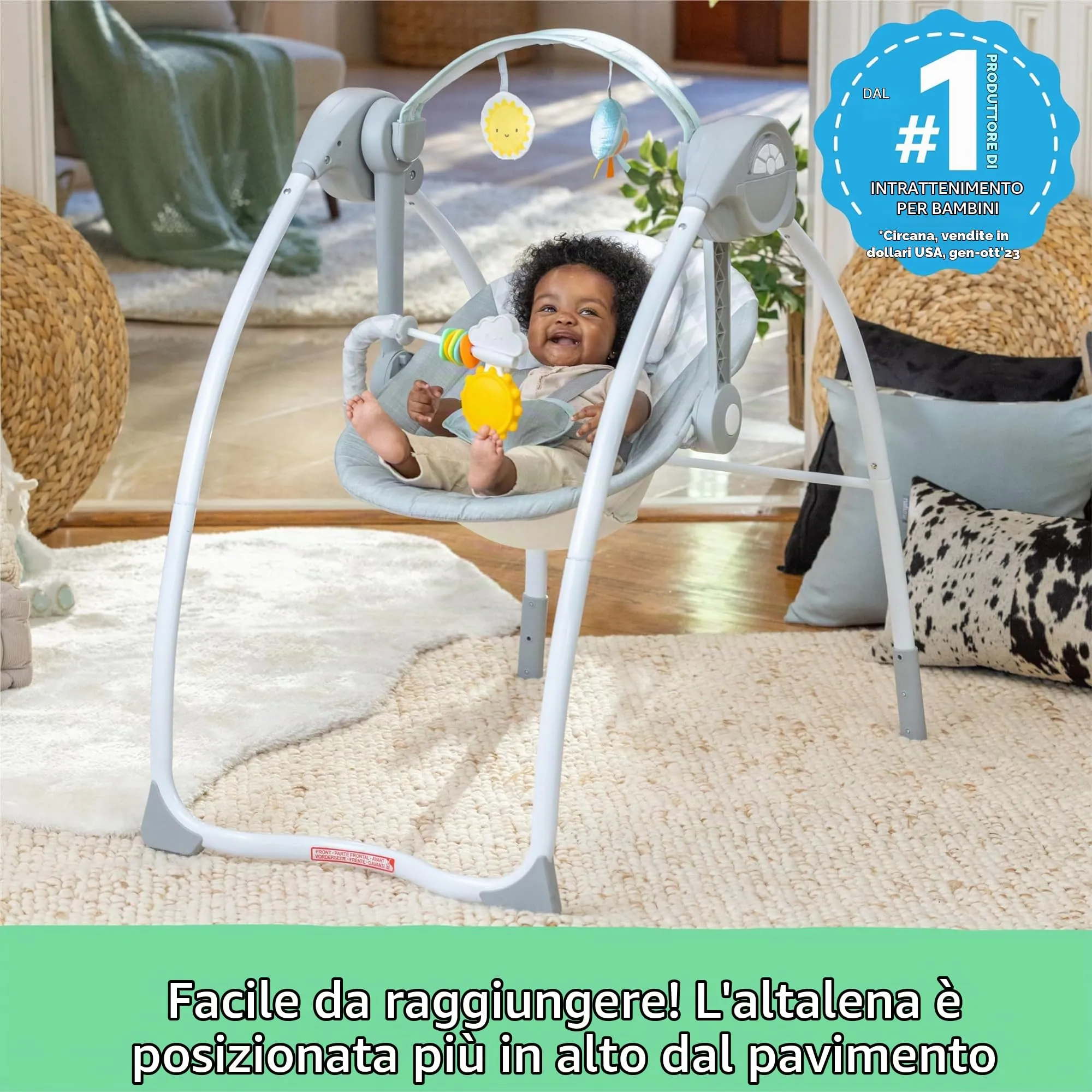 Ingenuity, Altalena Milestone, barra dei giocattoli, altalena pieghevole, 6 velocità, musica, 0-9 mesi, fino a 9 kg - Grigio - immagine 8
