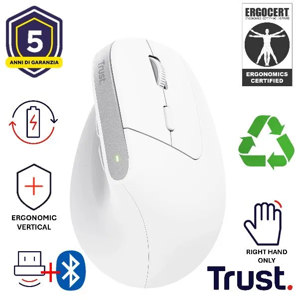 Trust Bayo+ Ergonomic Wireless Mouse Wht 25399 - immagine 1