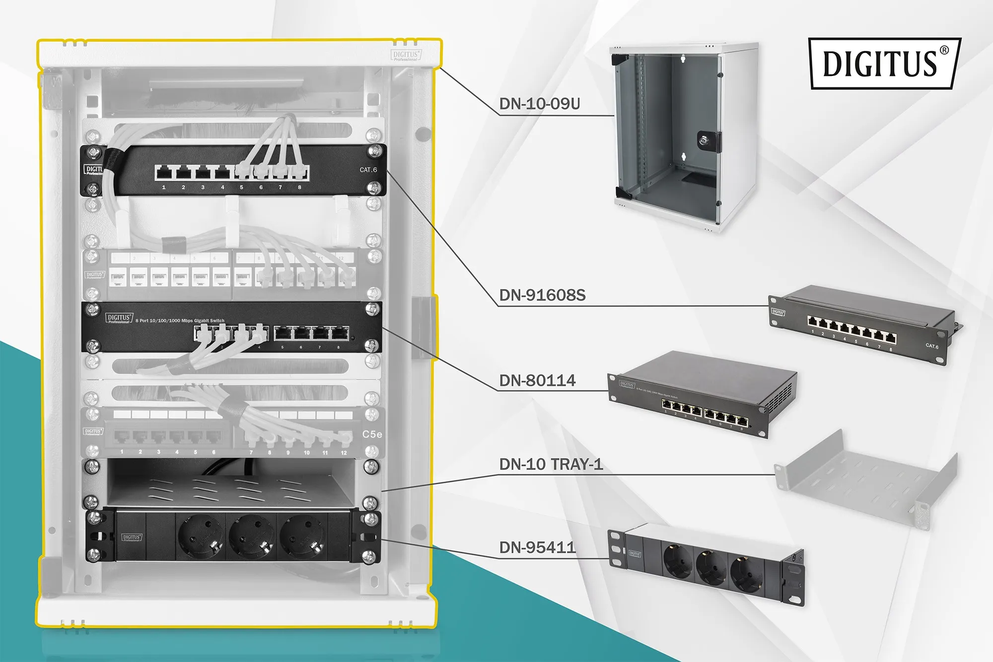 Armadio Rack 9 Unita' 10 Con 1 Ripiano Multipresa Switch Di Rete 8 Porte Gigabit Pannello Patch 8 Porte 10 Cavi Rete Grigio Digitus - immagine 1