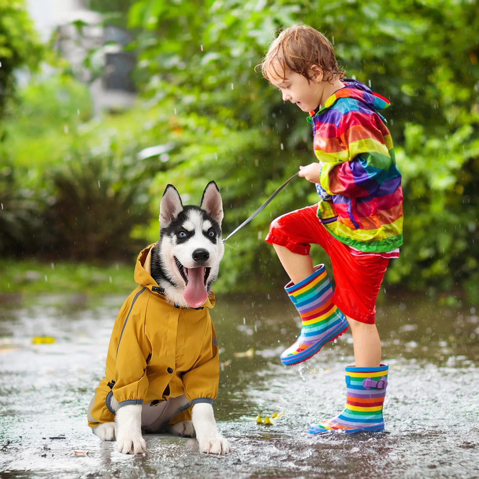 Amexo Giacca Impermeabile per Cani con Cappuccio Cappotto Antipioggia a 4 Gambe con Strisce Riflettenti e Foro per Colletto per Cani di Taglia Piccolo Media (M) - immagine 5