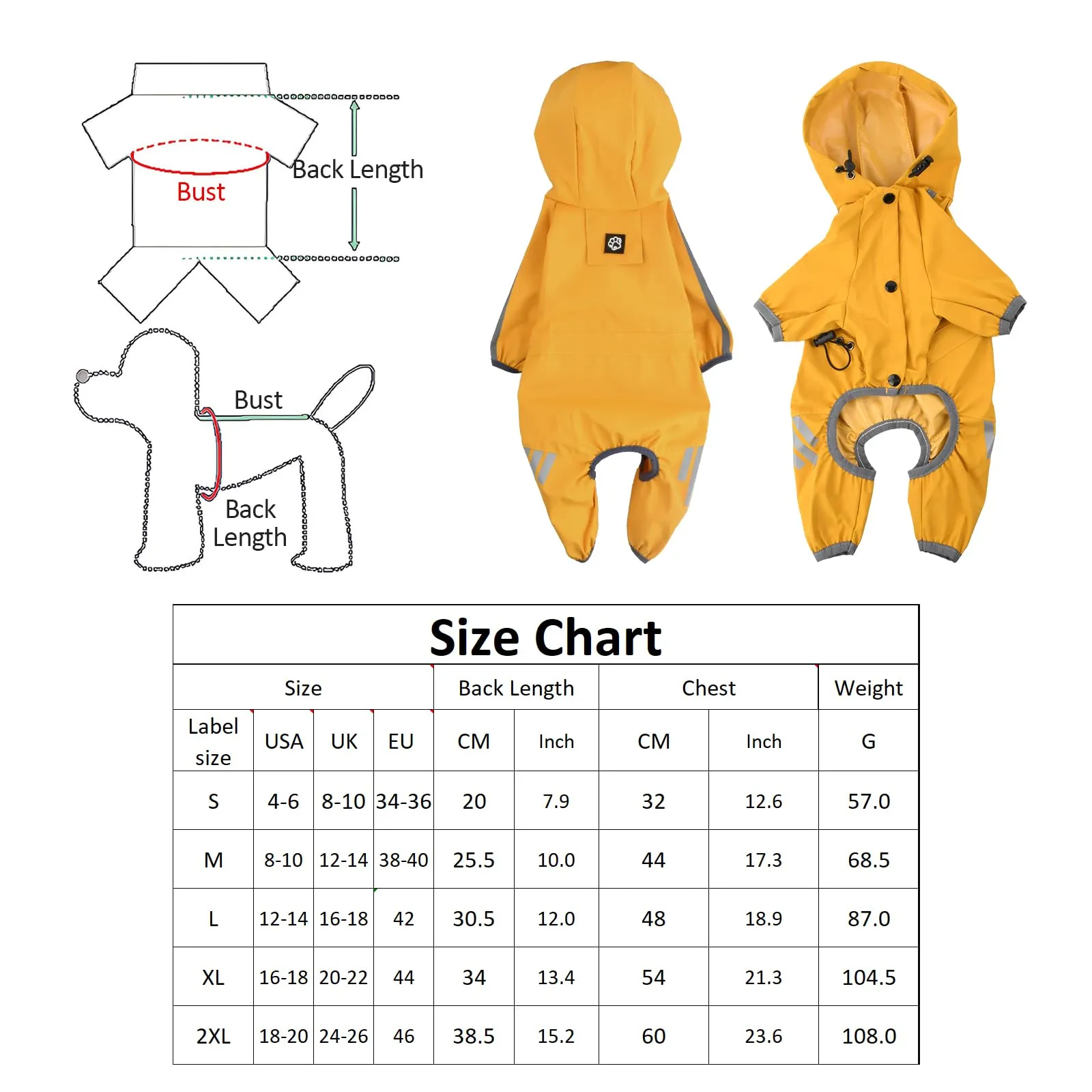 Amexo Giacca Impermeabile per Cani con Cappuccio Cappotto Antipioggia a 4 Gambe con Strisce Riflettenti e Foro per Colletto per Cani di Taglia Piccolo Media (XL) - immagine 2
