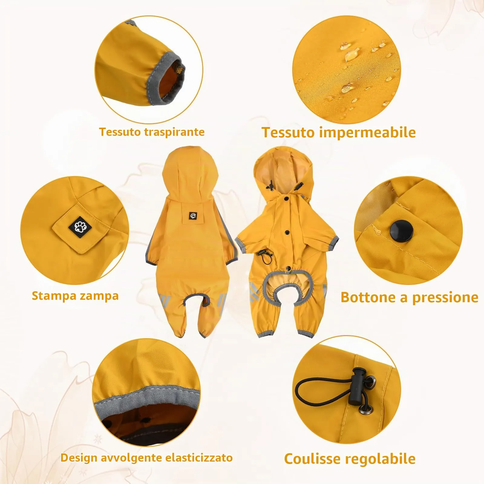 Amexo Giacca Impermeabile per Cani con Cappuccio Cappotto Antipioggia a 4 Gambe con Strisce Riflettenti e Foro per Colletto per Cani di Taglia Piccolo Media (XL) - immagine 3