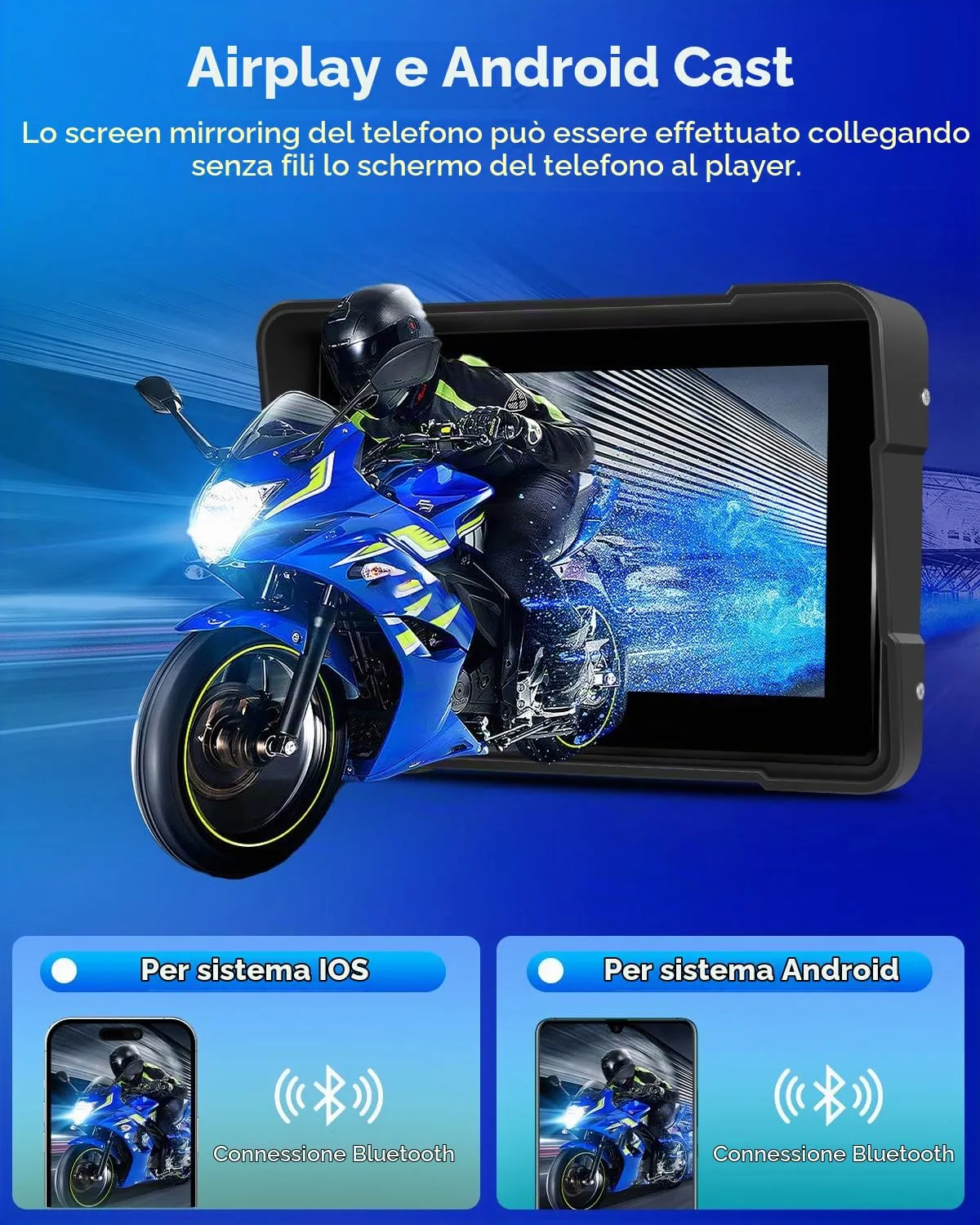 Rimoody Wireless Carplay Motorbike Navi Android Auto, 7 Pollici Touchscreen Autoradio Portatile per Moto, Wireless Carplay Display con Airplay/Android Cast/Dual Bluetooth/Navigazione/IP67 Impermeabile - immagine 3