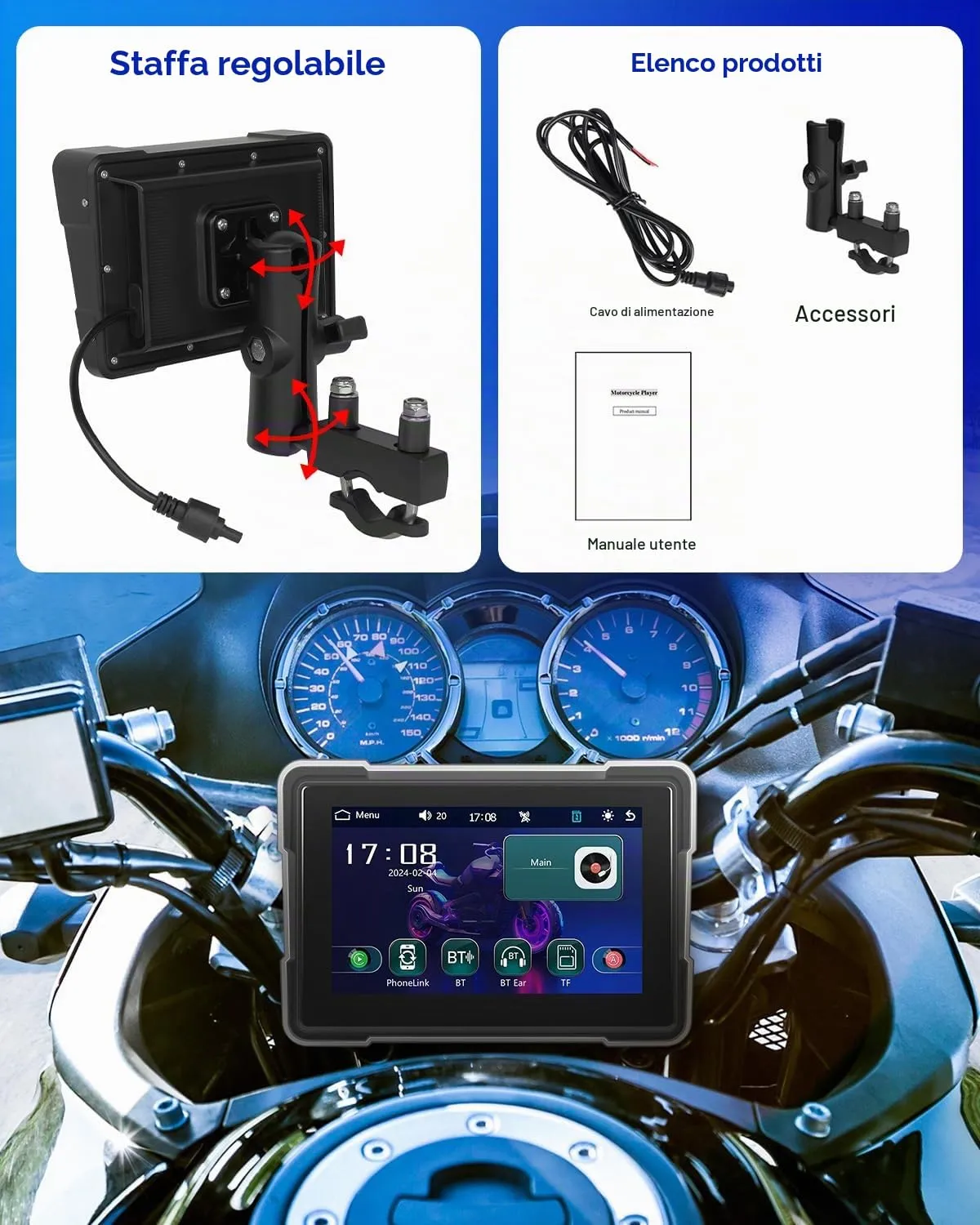 Rimoody Wireless Carplay Motorbike Navi Android Auto, 7 Pollici Touchscreen Autoradio Portatile per Moto, Wireless Carplay Display con Airplay/Android Cast/Dual Bluetooth/Navigazione/IP67 Impermeabile - immagine 7