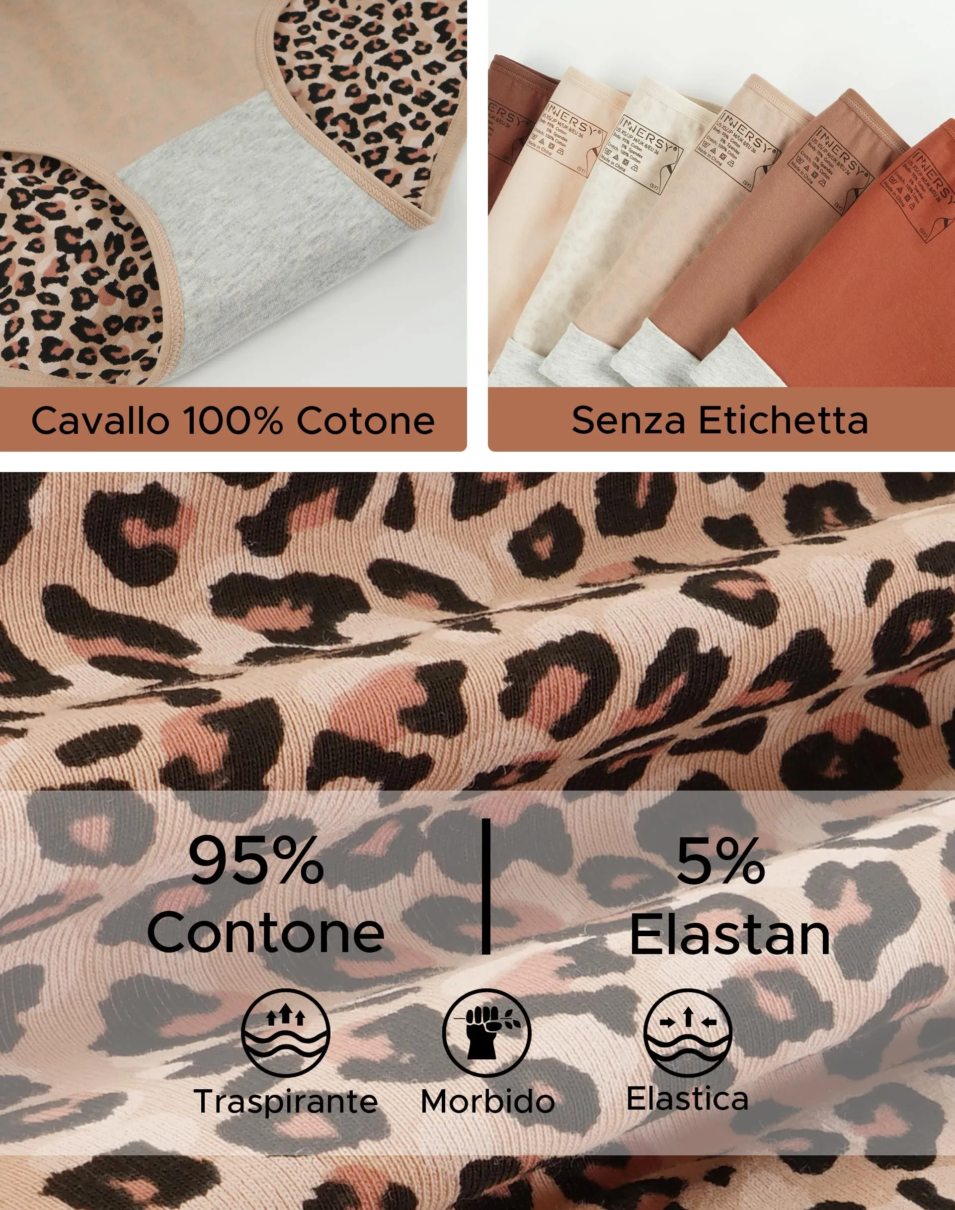 INNERSY Mutande Donna Vita Media Slip Cotone Elasticizzato Intimo Leopardo Culotte Morbido 6 Pack (M, 4 Serie Marrone, 2 Leopardo) - immagine 5
