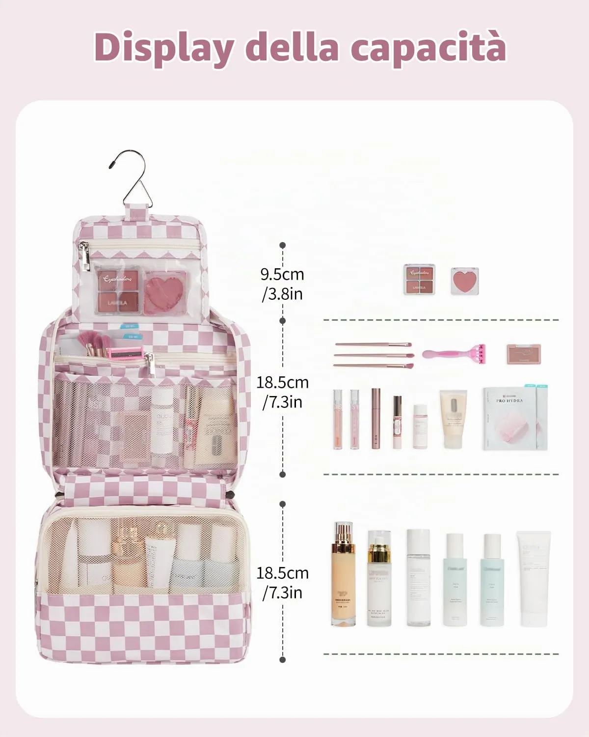 Narwey Beauty Case da Viaggio, Beauty Case da Appendere per Donna Uomo, Borsa da toilette Wash Bag da Travel Kit Viaggio, Trousse Pochette Trucchi Donna per Viaggio Accessori (Scacchiere Rosa Polvere) - immagine 2