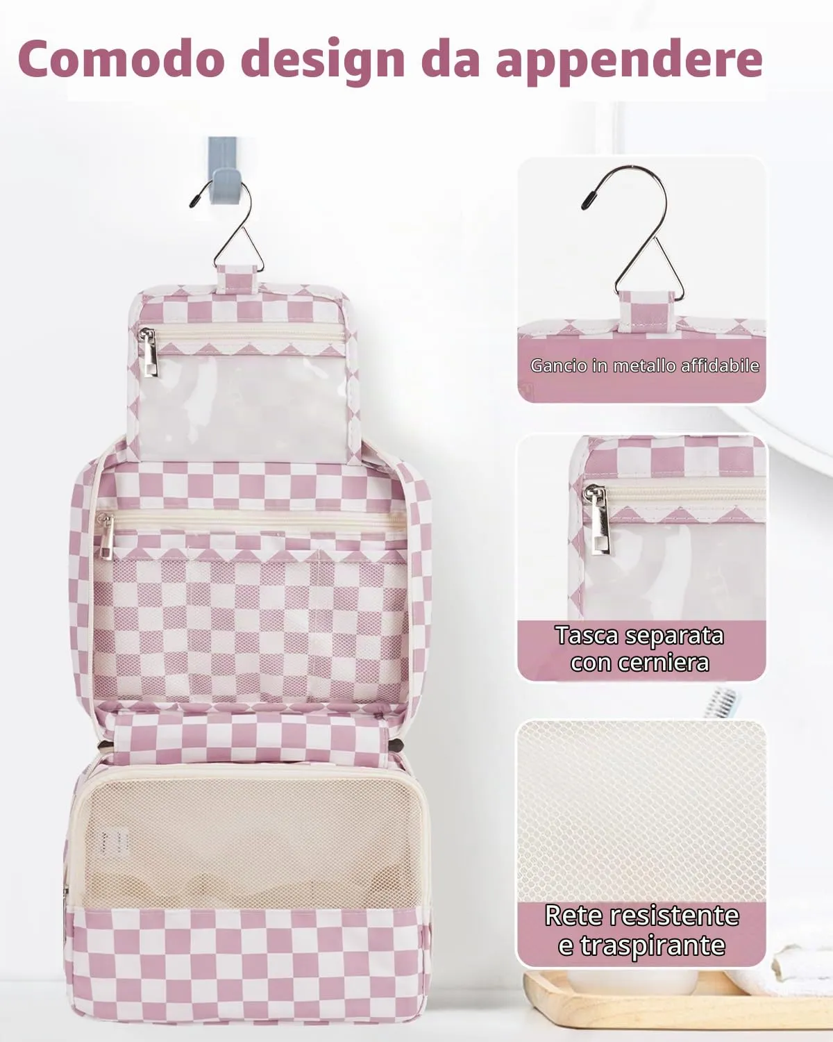 Narwey Beauty Case da Viaggio, Beauty Case da Appendere per Donna Uomo, Borsa da toilette Wash Bag da Travel Kit Viaggio, Trousse Pochette Trucchi Donna per Viaggio Accessori (Scacchiere Rosa Polvere) - immagine 4