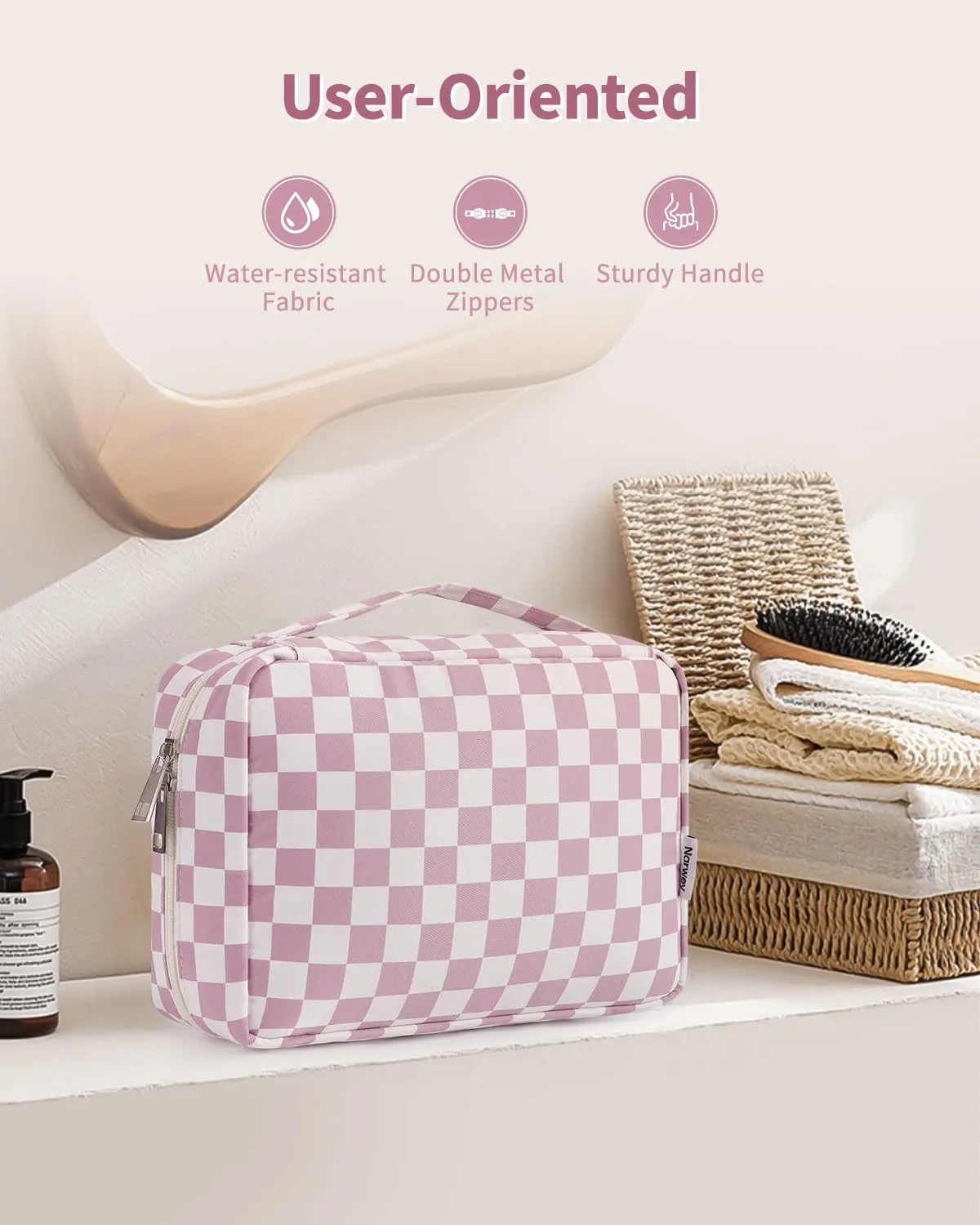 Narwey Beauty Case da Viaggio, Beauty Case da Appendere per Donna Uomo, Borsa da toilette Wash Bag da Travel Kit Viaggio, Trousse Pochette Trucchi Donna per Viaggio Accessori (Scacchiere Rosa Polvere) - immagine 6