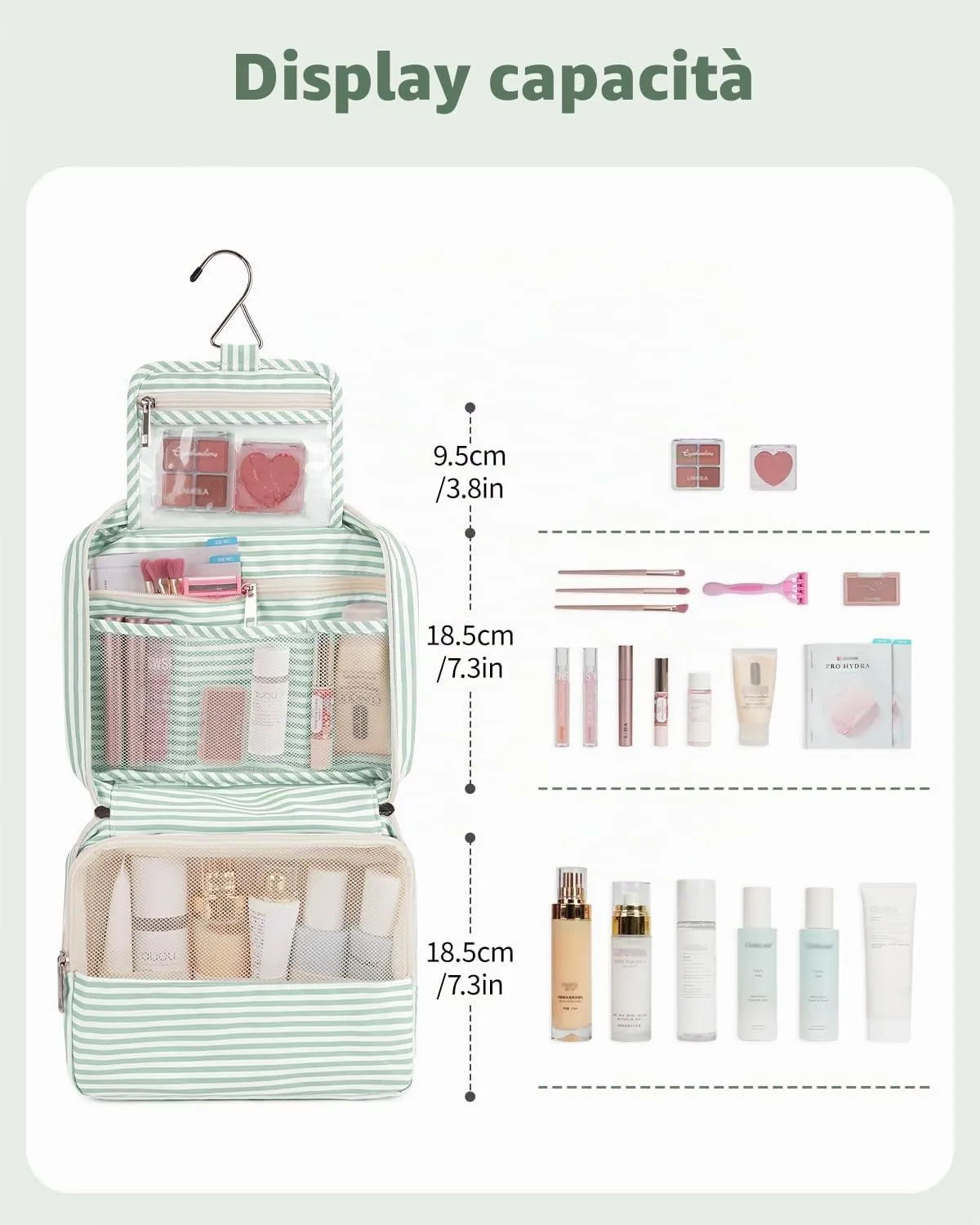 Narwey Beauty Case da Viaggio, Beauty Case da Appendere per Donna Uomo, Borsa da toilette Wash Bag da Travel Kit Viaggio, Trousse Pochette Trucchi Donna per Viaggio (Striscia Verde Menta) - immagine 2