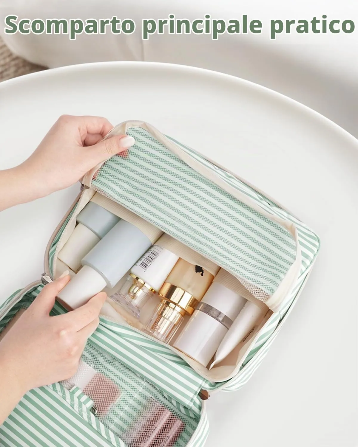 Narwey Beauty Case da Viaggio, Beauty Case da Appendere per Donna Uomo, Borsa da toilette Wash Bag da Travel Kit Viaggio, Trousse Pochette Trucchi Donna per Viaggio (Striscia Verde Menta) - immagine 3