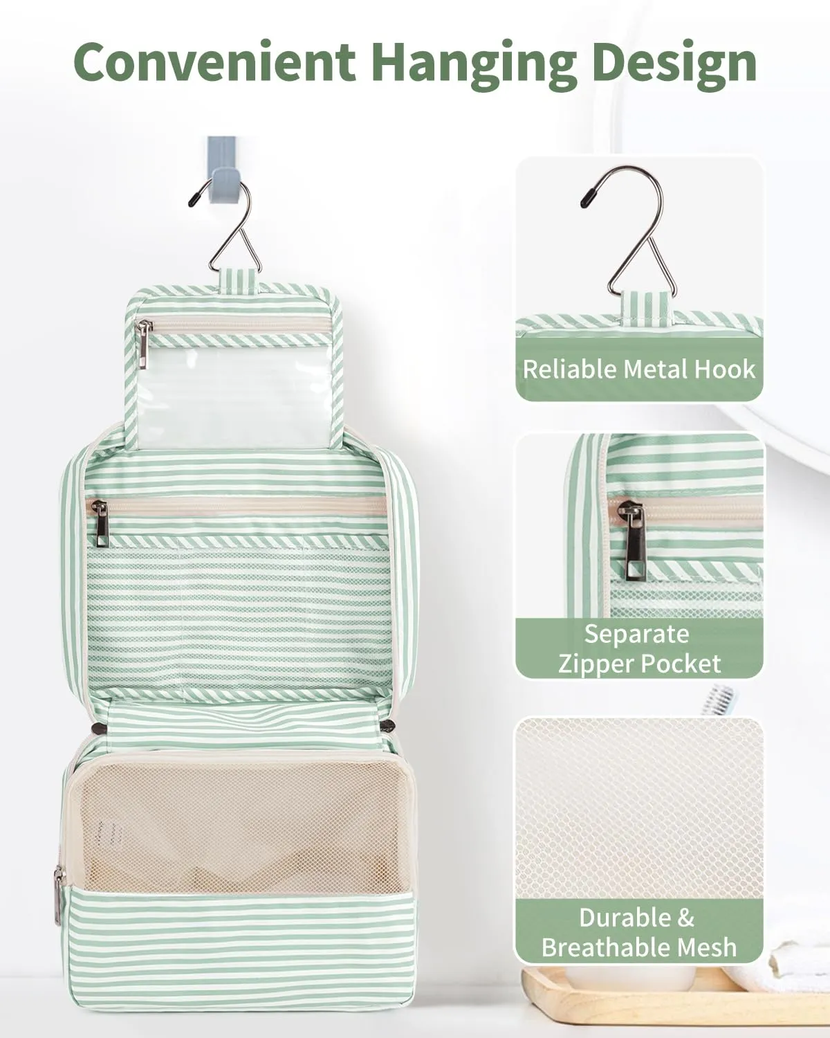 Narwey Beauty Case da Viaggio, Beauty Case da Appendere per Donna Uomo, Borsa da toilette Wash Bag da Travel Kit Viaggio, Trousse Pochette Trucchi Donna per Viaggio (Striscia Verde Menta) - immagine 4