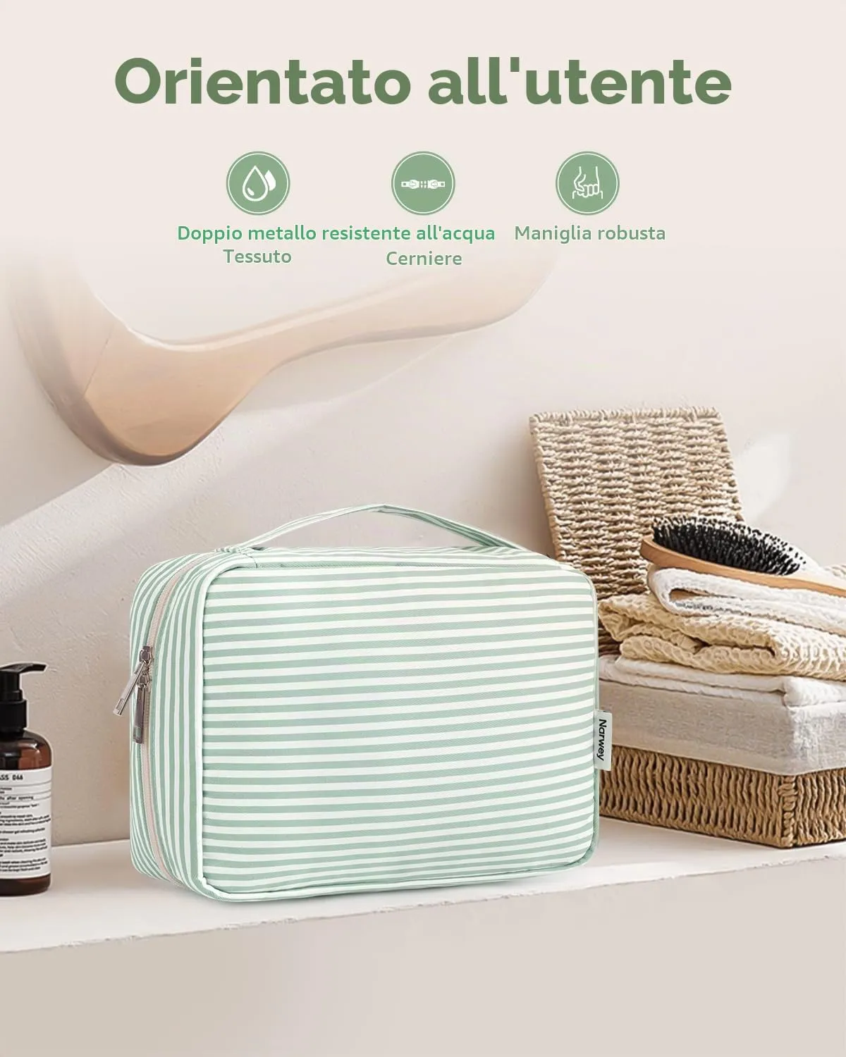 Narwey Beauty Case da Viaggio, Beauty Case da Appendere per Donna Uomo, Borsa da toilette Wash Bag da Travel Kit Viaggio, Trousse Pochette Trucchi Donna per Viaggio (Striscia Verde Menta) - immagine 6