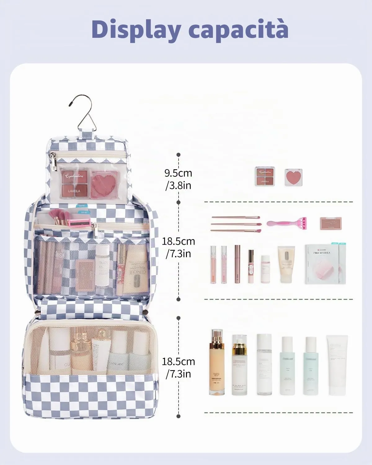 Narwey Beauty Case da Viaggio, Beauty Case da Appendere per Donna Uomo, Borsa da toilette Wash Bag da Travel Kit Viaggio, Trousse Pochette Trucchi Donna per Viaggio (Scacchiere Blu Grigiastro) - immagine 2