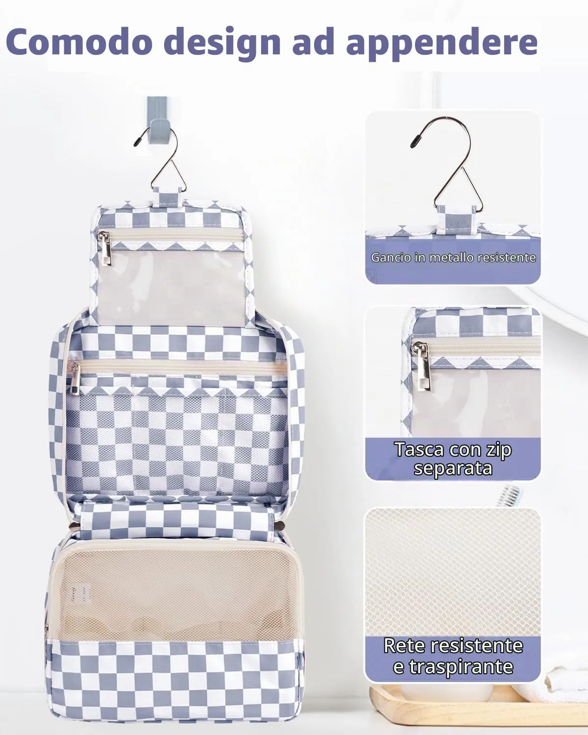 Narwey Beauty Case da Viaggio, Beauty Case da Appendere per Donna Uomo, Borsa da toilette Wash Bag da Travel Kit Viaggio, Trousse Pochette Trucchi Donna per Viaggio (Scacchiere Blu Grigiastro) - immagine 4
