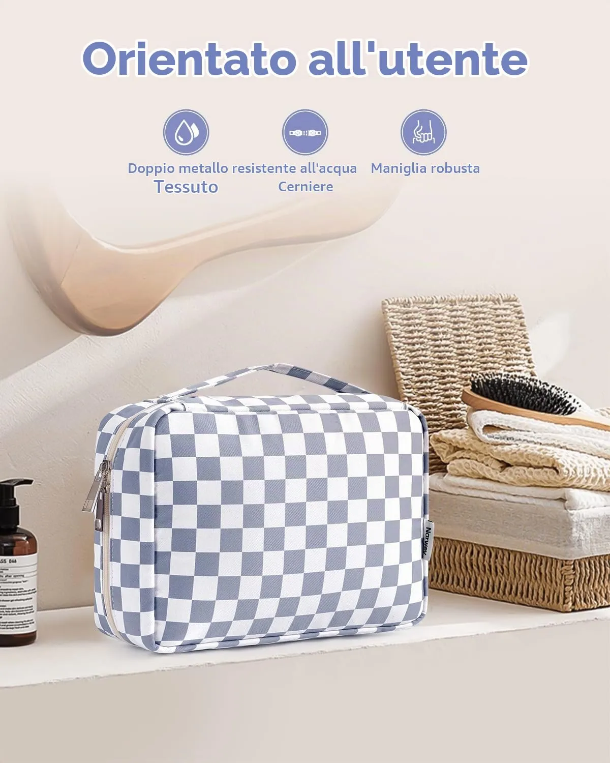Narwey Beauty Case da Viaggio, Beauty Case da Appendere per Donna Uomo, Borsa da toilette Wash Bag da Travel Kit Viaggio, Trousse Pochette Trucchi Donna per Viaggio (Scacchiere Blu Grigiastro) - immagine 6