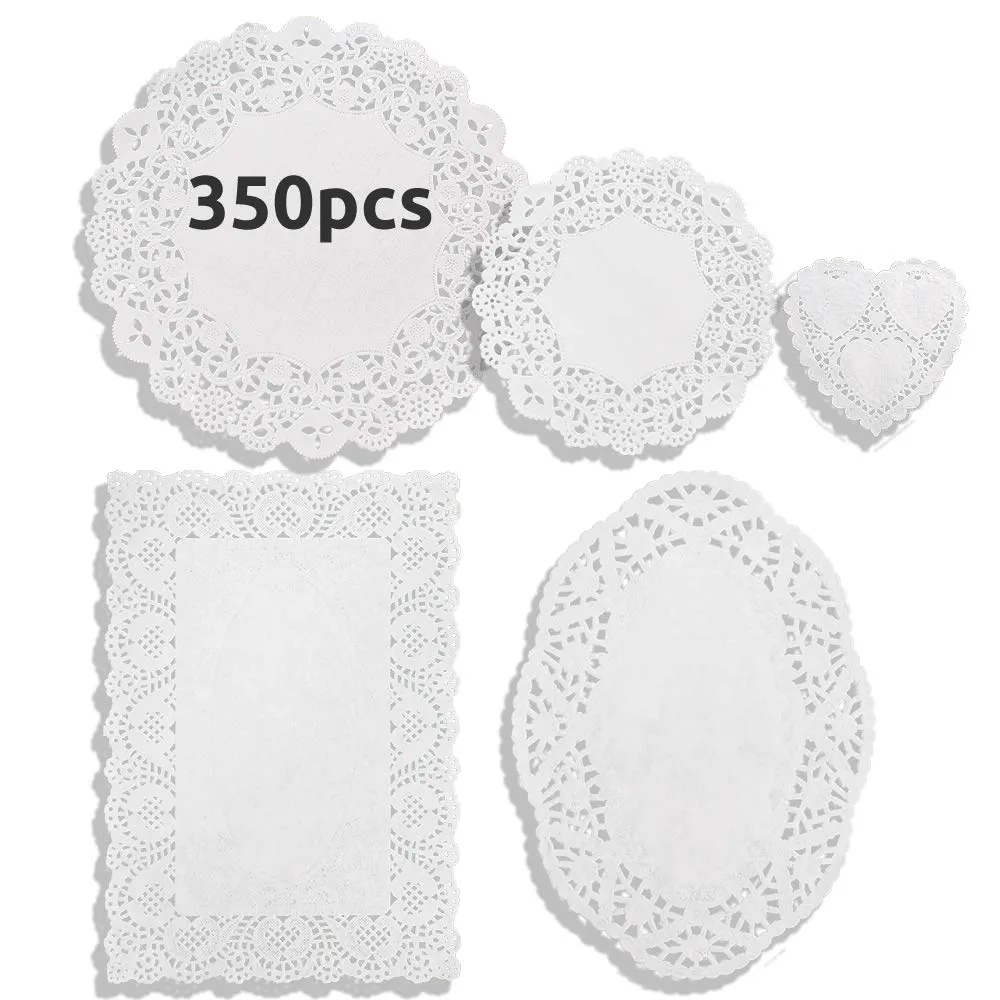 DailyTreasures 350 pezzi di carta per centrini in pizzo,tovaglietta per centrini decorativi di dimensioni assortite ecologico per torte, dessert, matrimoni,stoviglie - immagine 1