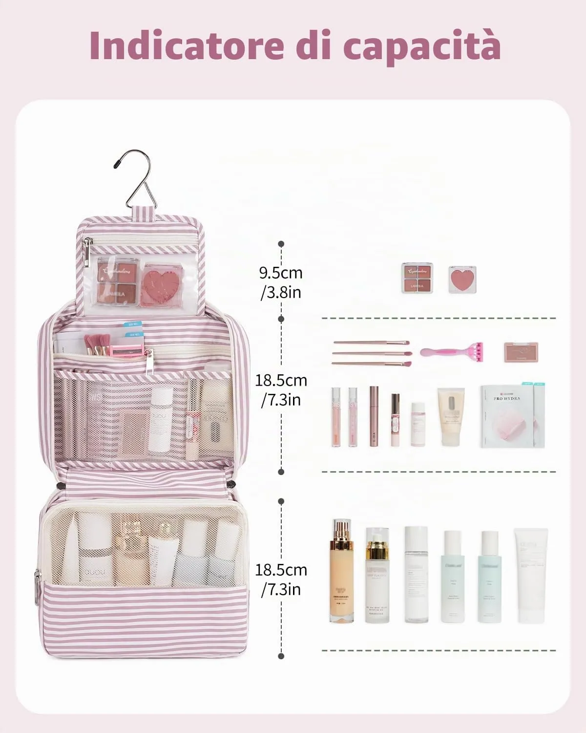 Narwey Beauty Case da Viaggio, Beauty Case da Appendere per Donna Uomo, Borsa da toilette Wash Bag da Travel Kit Viaggio, Trousse Pochette Trucchi Donna per Viaggio (Striscia Rosa Polvere) - immagine 2