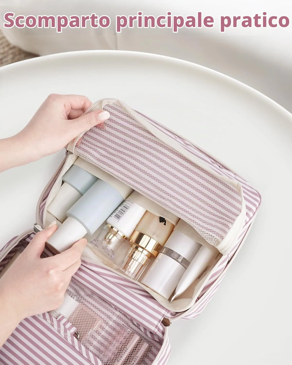 Narwey Beauty Case da Viaggio, Beauty Case da Appendere per Donna Uomo, Borsa da toilette Wash Bag da Travel Kit Viaggio, Trousse Pochette Trucchi Donna per Viaggio (Striscia Rosa Polvere) - immagine 3