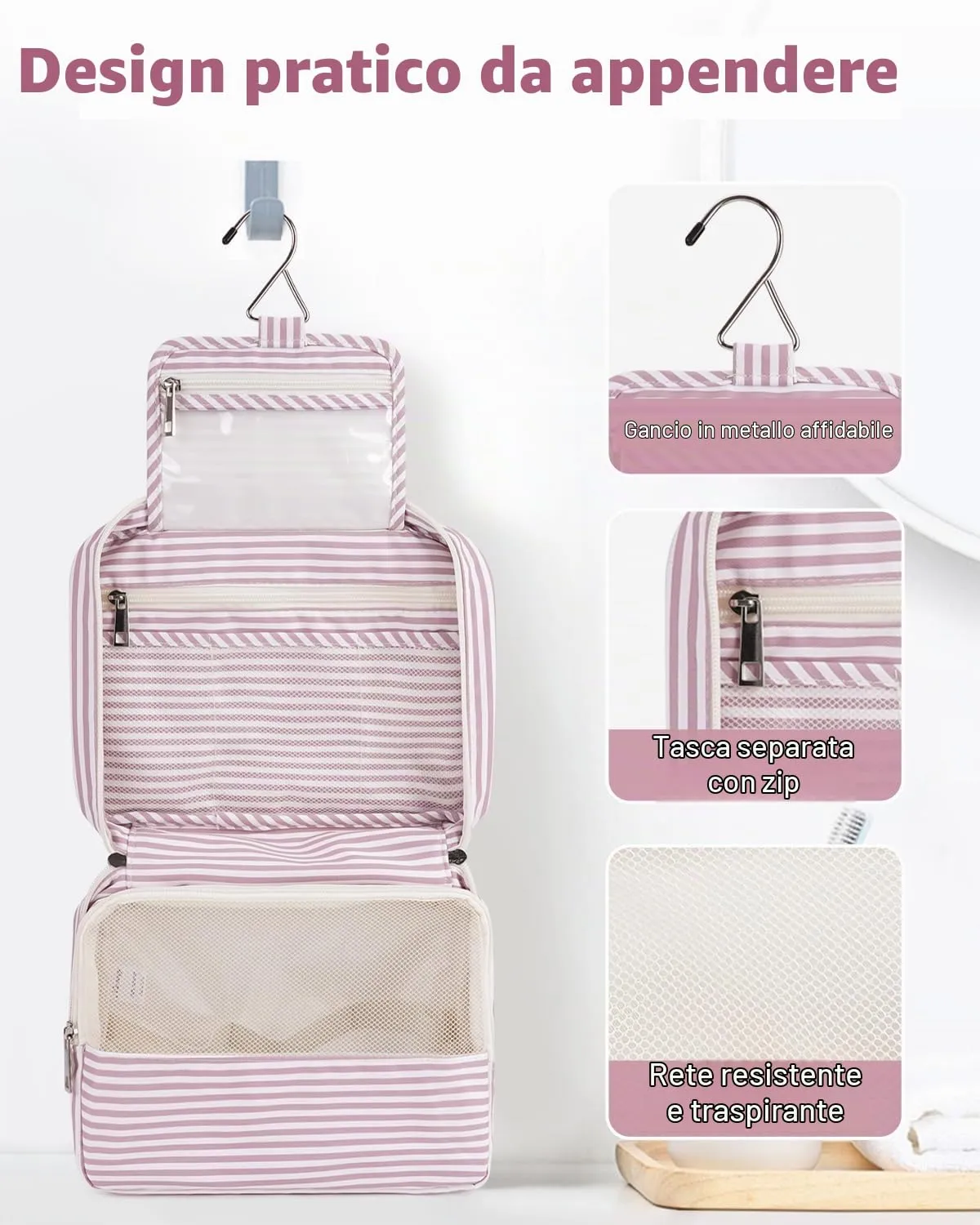 Narwey Beauty Case da Viaggio, Beauty Case da Appendere per Donna Uomo, Borsa da toilette Wash Bag da Travel Kit Viaggio, Trousse Pochette Trucchi Donna per Viaggio (Striscia Rosa Polvere) - immagine 4