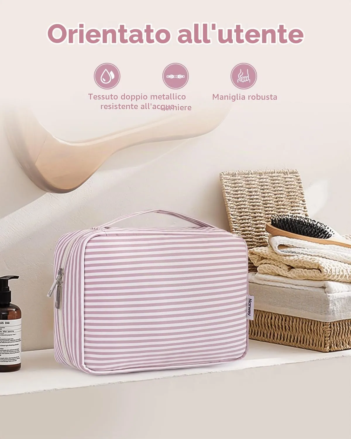 Narwey Beauty Case da Viaggio, Beauty Case da Appendere per Donna Uomo, Borsa da toilette Wash Bag da Travel Kit Viaggio, Trousse Pochette Trucchi Donna per Viaggio (Striscia Rosa Polvere) - immagine 6