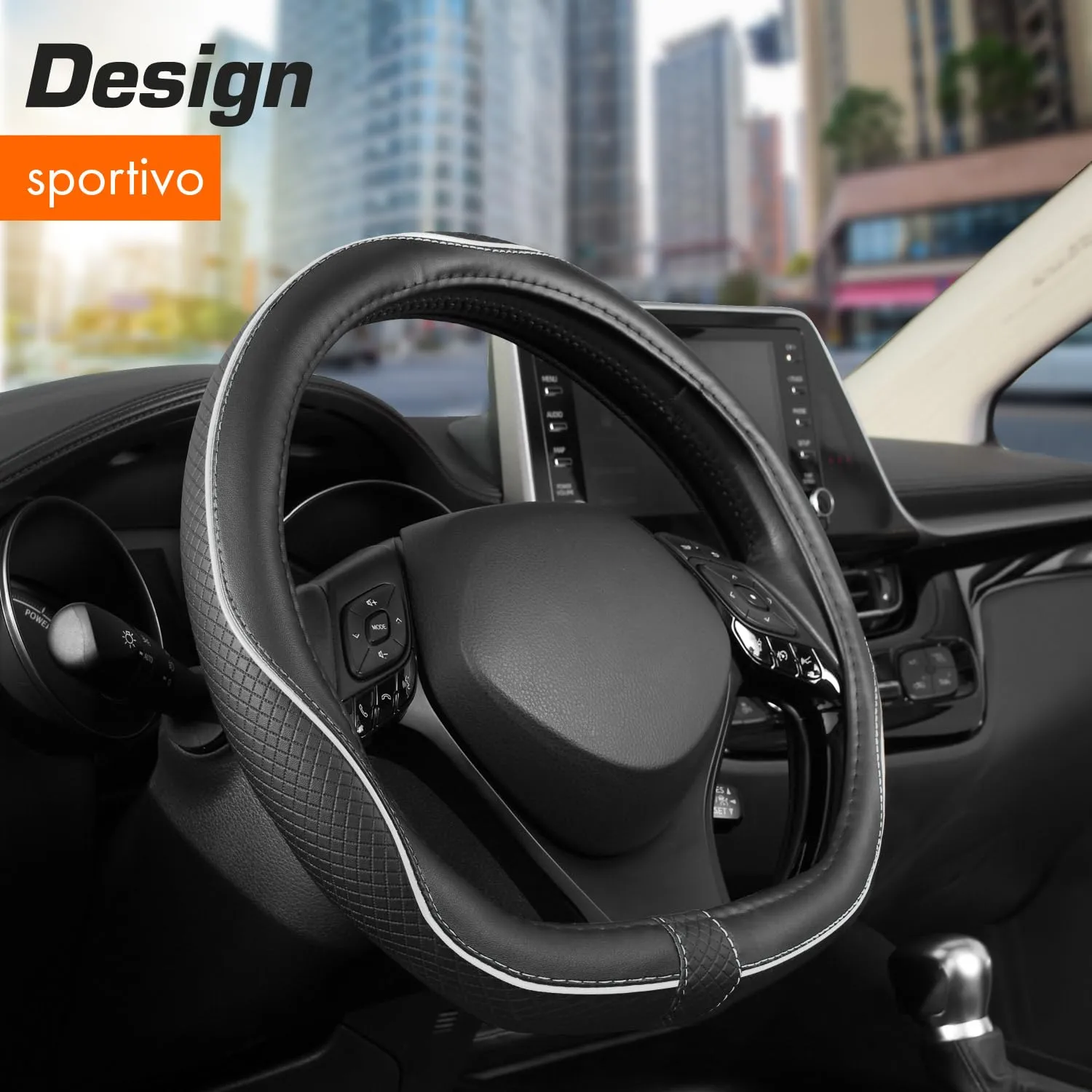 Upgrade4cars Coprivolante Tipo D Bianco Nero Finta Pelle 37-38 cm - immagine 2