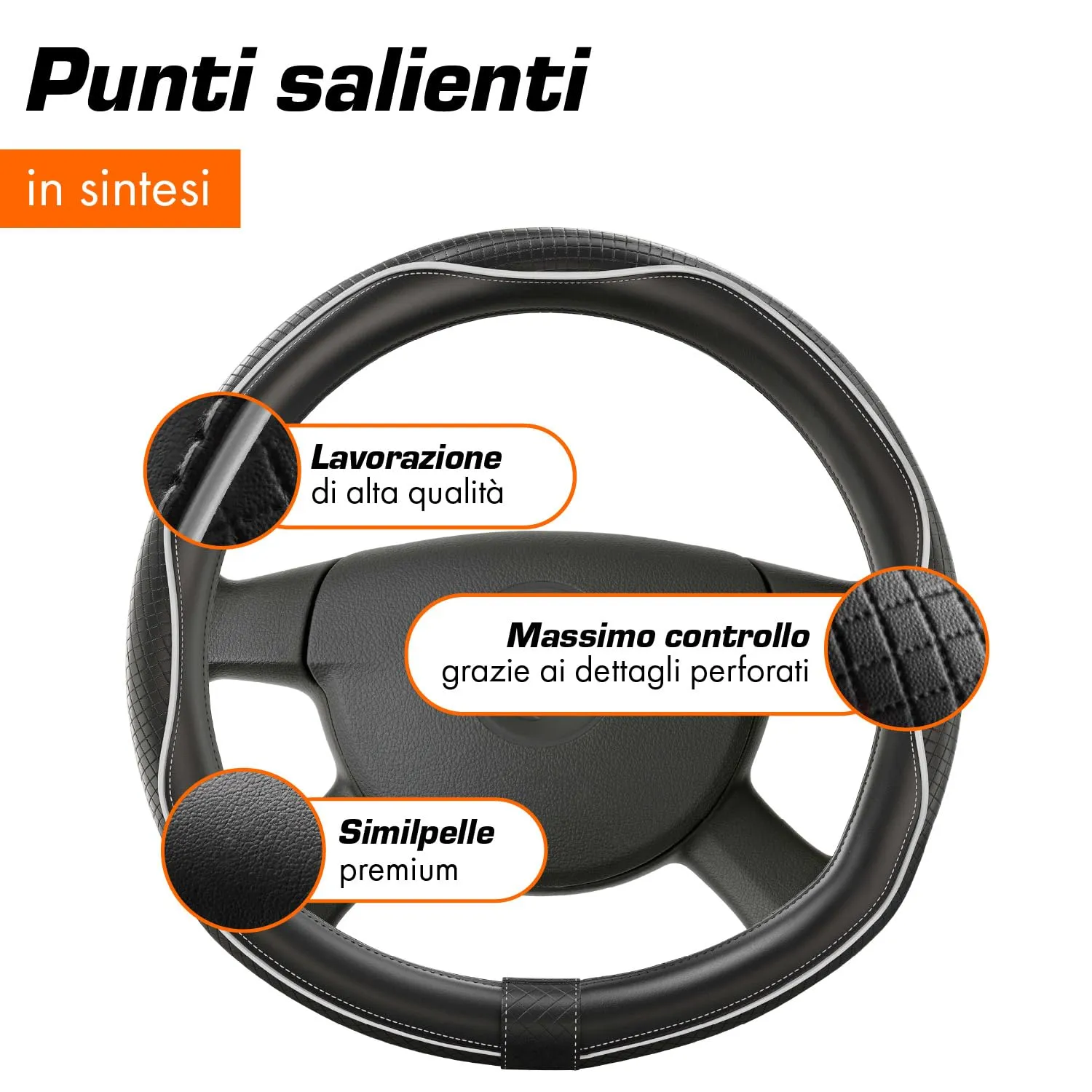 Upgrade4cars Coprivolante Tipo D Bianco Nero Finta Pelle 37-38 cm - immagine 4