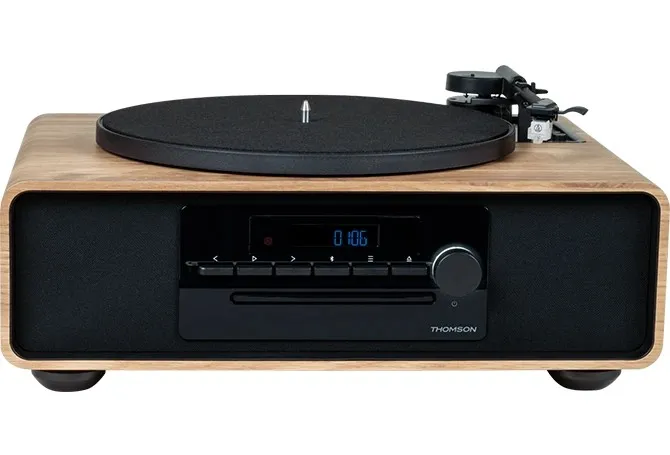 Thomson MIC300TT Micro Hi-Fi System 60W Bluetooth 5.0 con giradischi integrato - Lettore CD radio FM lettore USB (MP3) - Telecomando - Colore legno/nero - immagine 1
