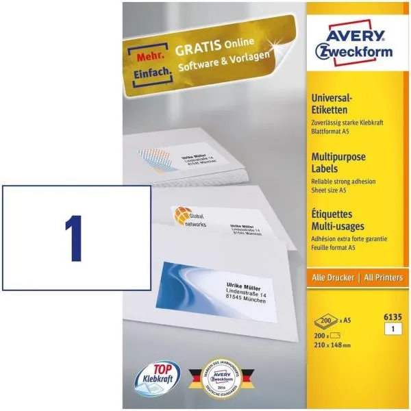 Avery Etichette Multiuso A5 210 X 148MM Bianche Laser A Colori Inkjet, 200FF 6135A - immagine 1