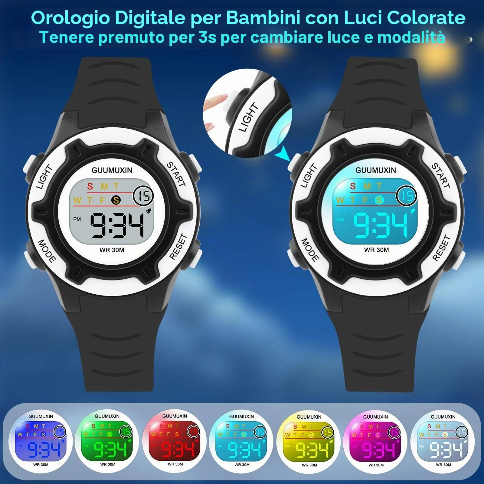 GUUMUXIN Orologio Digitale, 7 Luci Colorate, 3ATM Impermeabile, 5-16 Anni - immagine 3