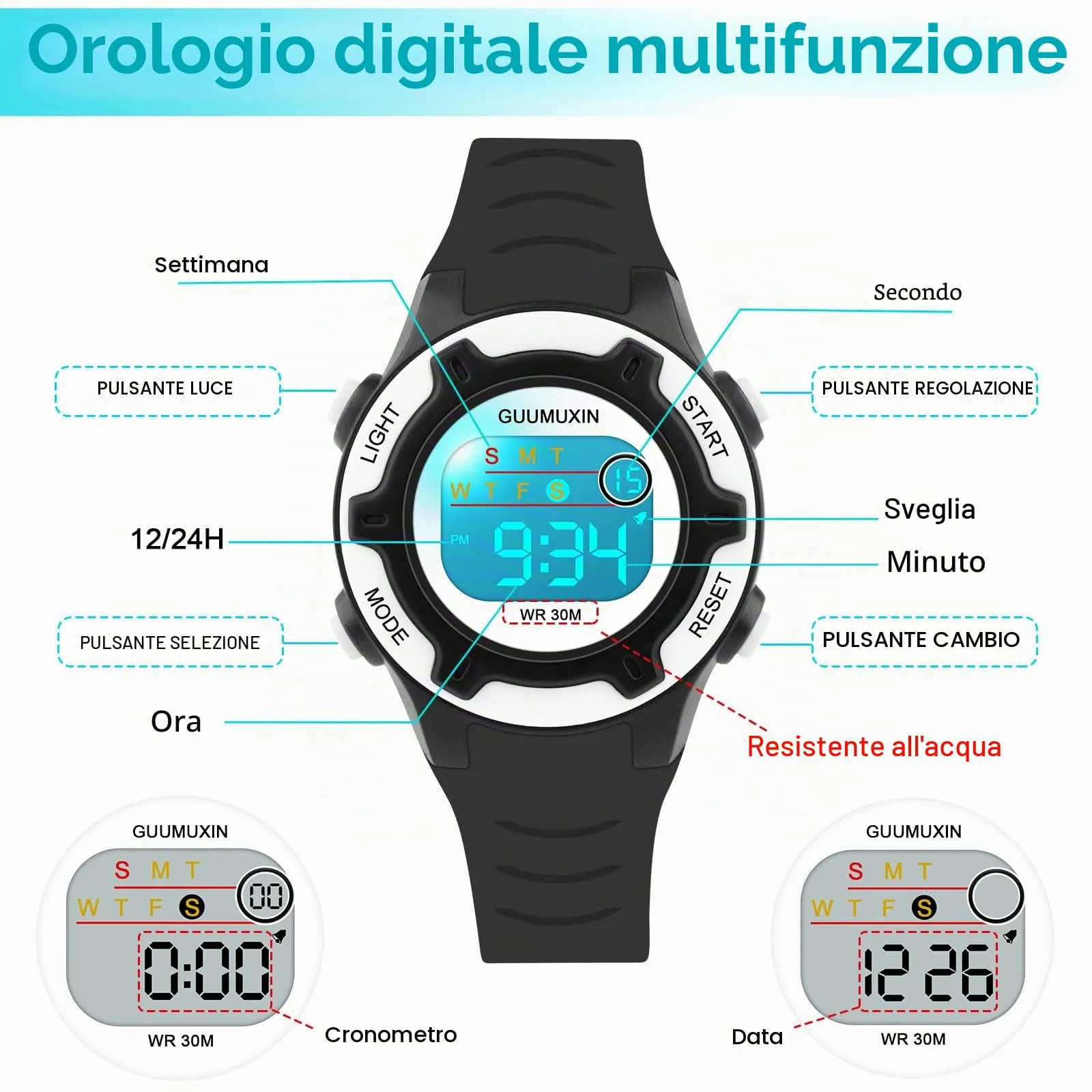 GUUMUXIN Orologio Digitale, 7 Luci Colorate, 3ATM Impermeabile, 5-16 Anni - immagine 4